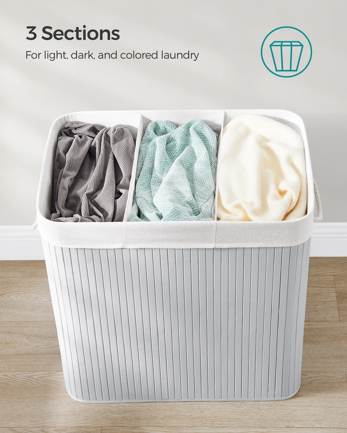 3-Section Laundry Hamper with Lid 39.6 Gallons (150L) - Gray