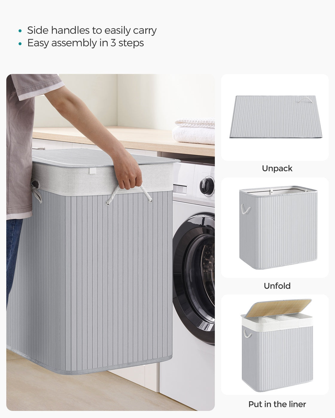 3-Section Laundry Hamper with Lid 39.6 Gallons (150L) - Gray