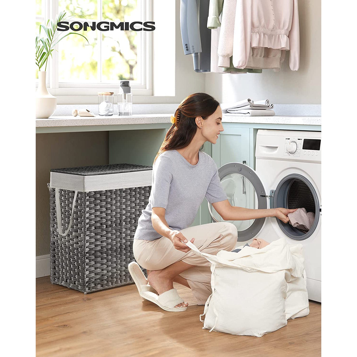 Laundry Hamper with Lid - 90L Clothes Hamper with 2 Removable Liner Bags - 6 Mesh Bags - Wicker Laundry Basket - Double Laundry Hamper for Bathroom - 13 x 18.1 x 23.6 Inches - Gray