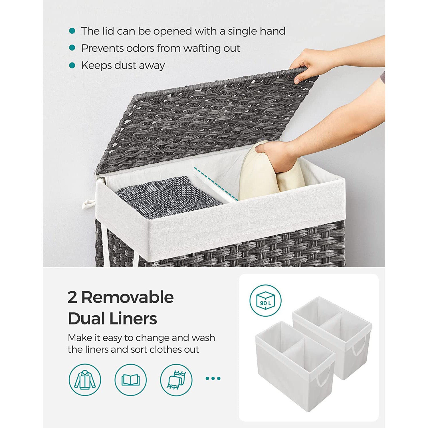 Laundry Hamper with Lid - 90L Clothes Hamper with 2 Removable Liner Bags - 6 Mesh Bags - Wicker Laundry Basket - Double Laundry Hamper for Bathroom - 13 x 18.1 x 23.6 Inches - Gray