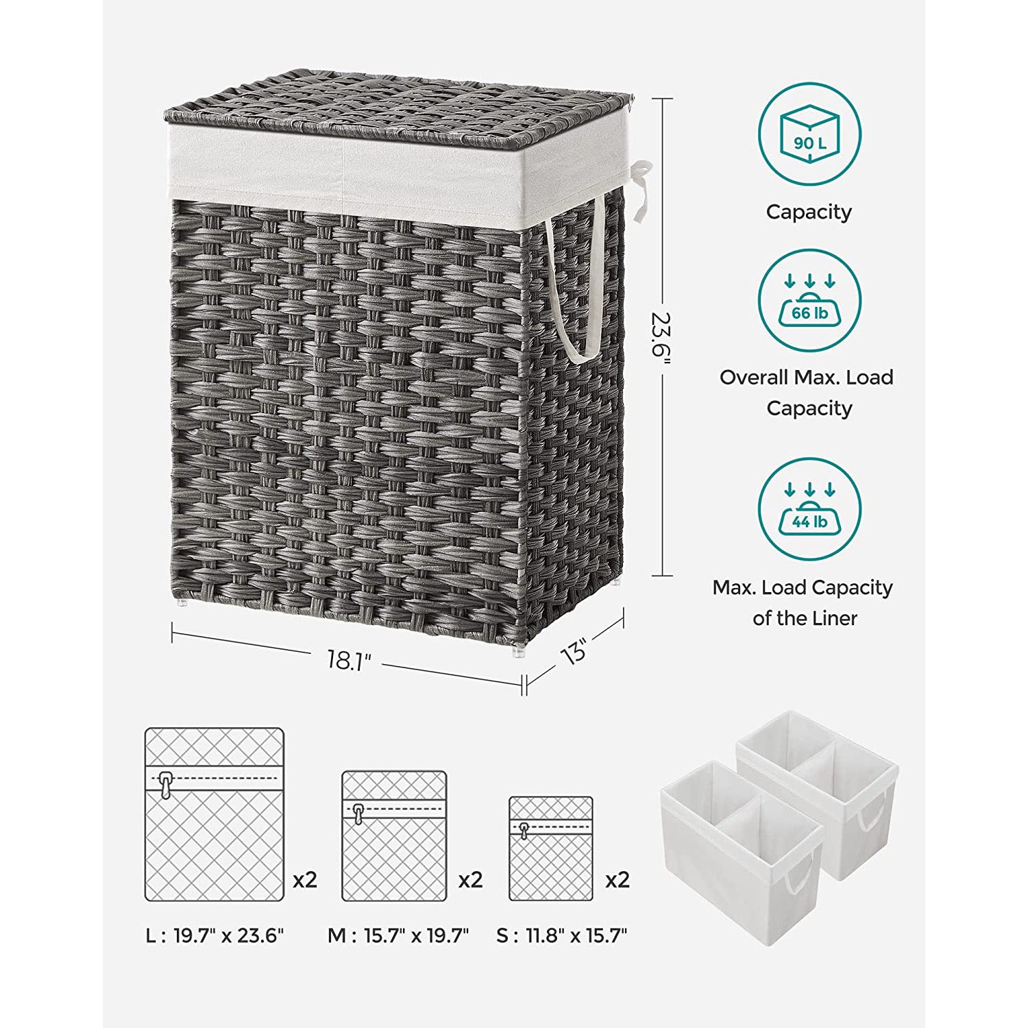 Laundry Hamper with Lid - 90L Clothes Hamper with 2 Removable Liner Bags - 6 Mesh Bags - Wicker Laundry Basket - Double Laundry Hamper for Bathroom - 13 x 18.1 x 23.6 Inches - Gray