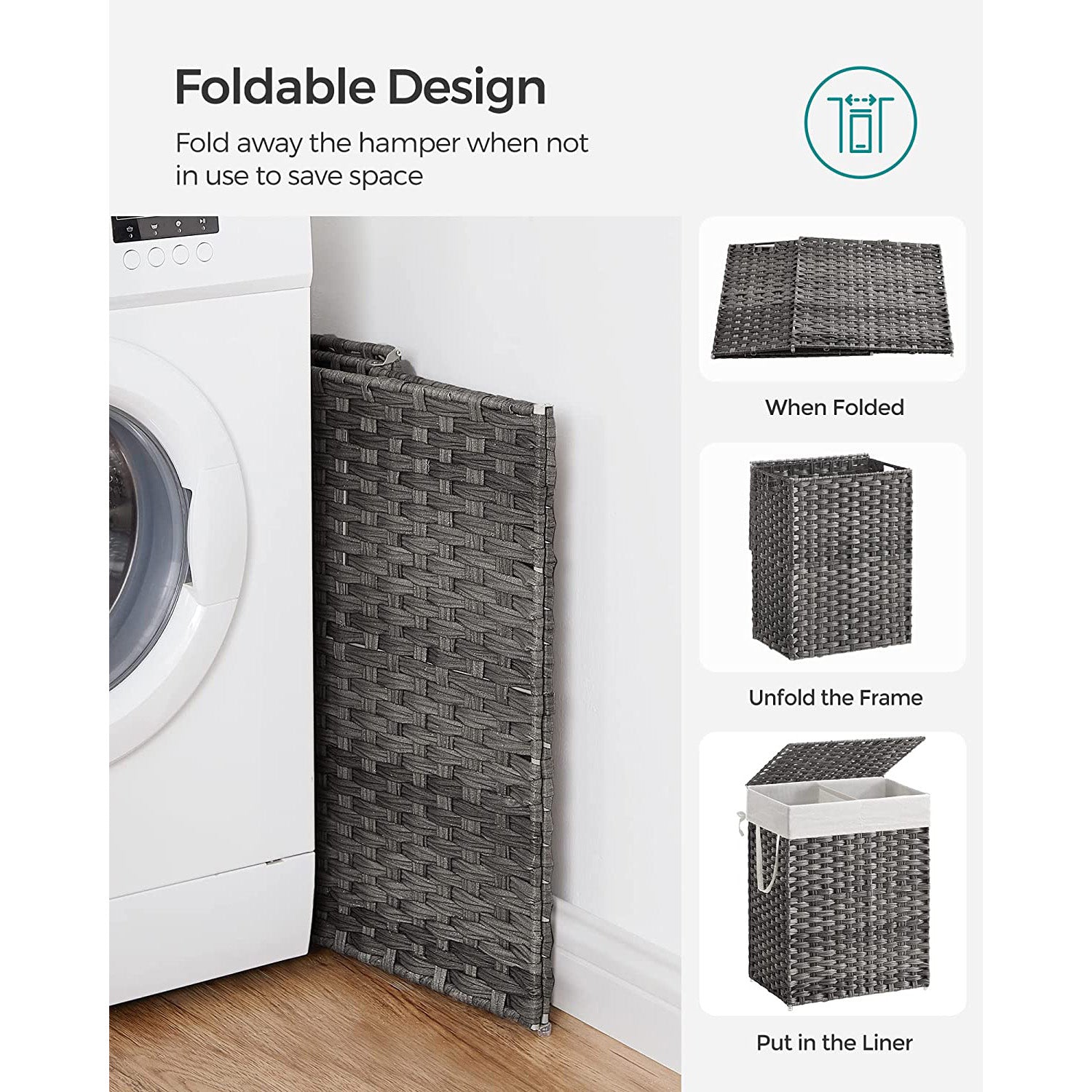 Laundry Hamper with Lid - 90L Clothes Hamper with 2 Removable Liner Bags - 6 Mesh Bags - Wicker Laundry Basket - Double Laundry Hamper for Bathroom - 13 x 18.1 x 23.6 Inches - Gray