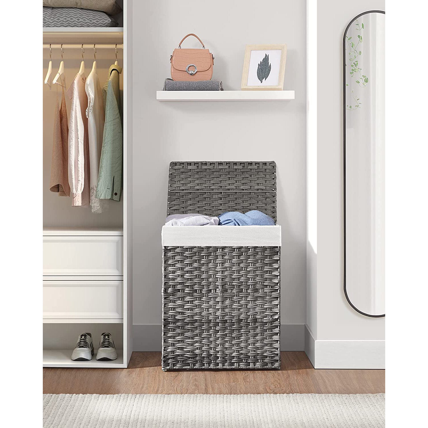 Laundry Hamper with Lid - 90L Clothes Hamper with 2 Removable Liner Bags - 6 Mesh Bags - Wicker Laundry Basket - Double Laundry Hamper for Bathroom - 13 x 18.1 x 23.6 Inches - Gray