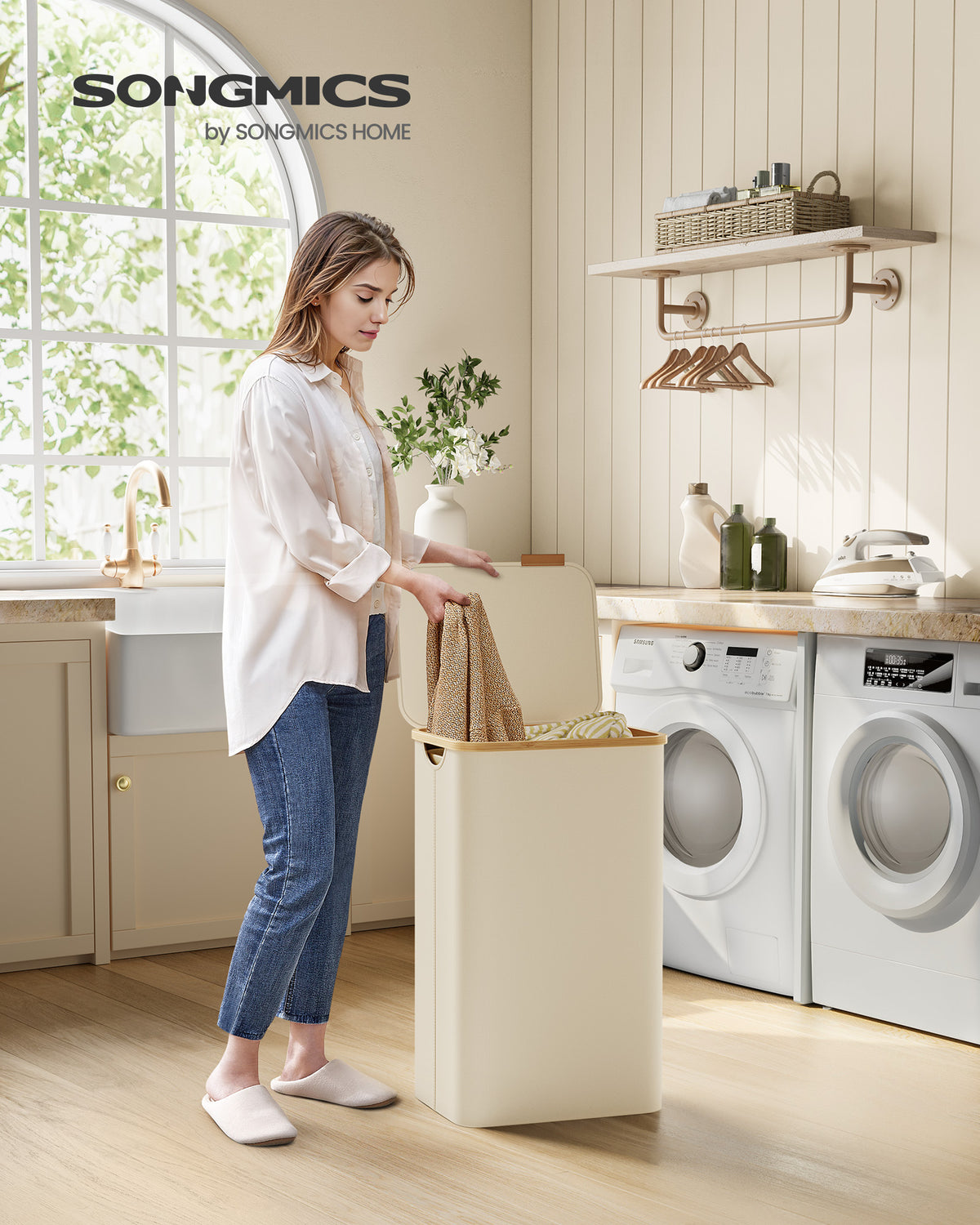 Laundry Hamper - 3-Section - Bamboo Handles - Collapsible