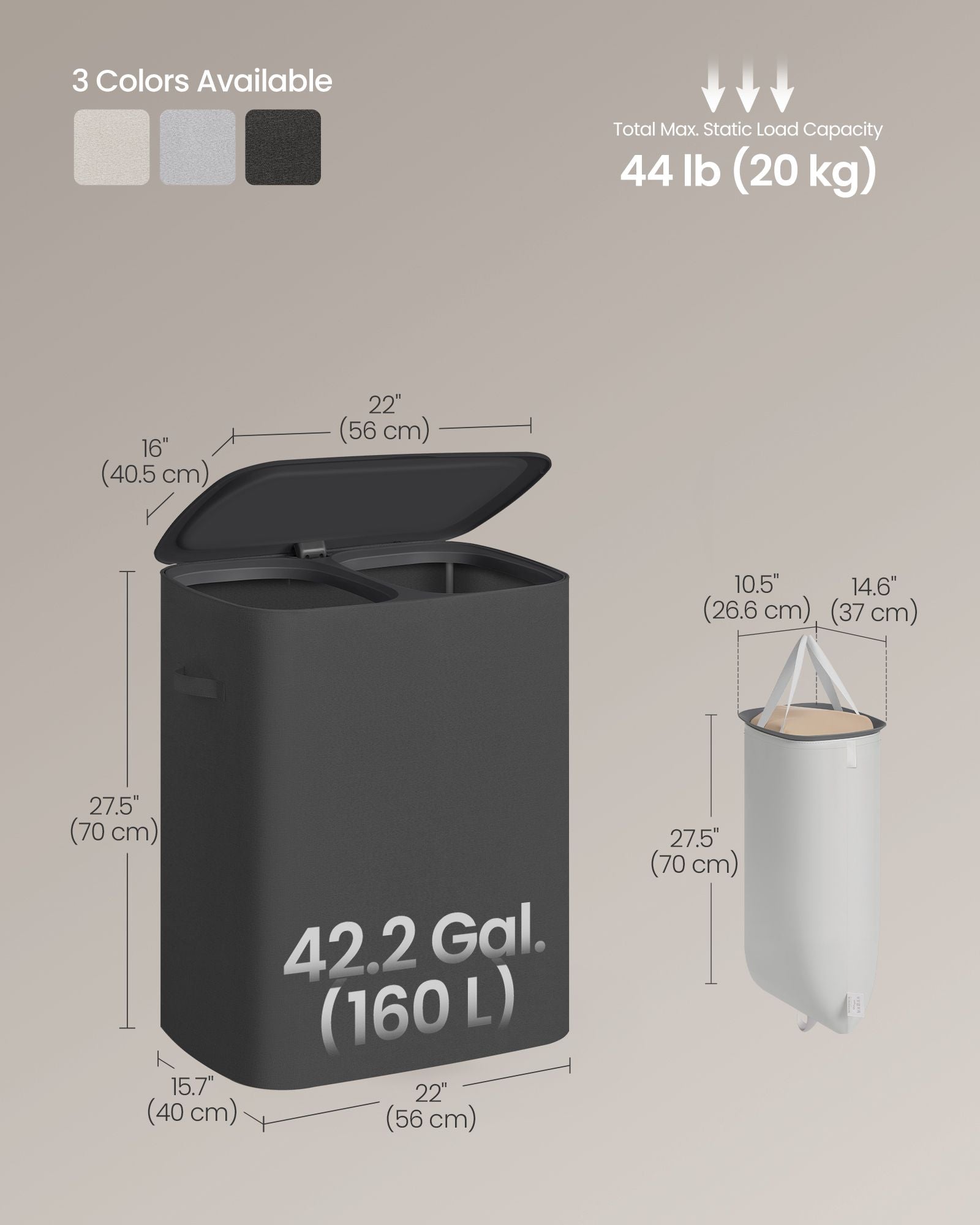 Laundry Basket with Lid - 42.2 Gallons - 2-Compartment Laundry Hamper with Handle - Removable Liner - Easy Assembly - 22 x 15.7 x 27.5 Inches - Slate Gray ULCB822B101 - Slate Gray