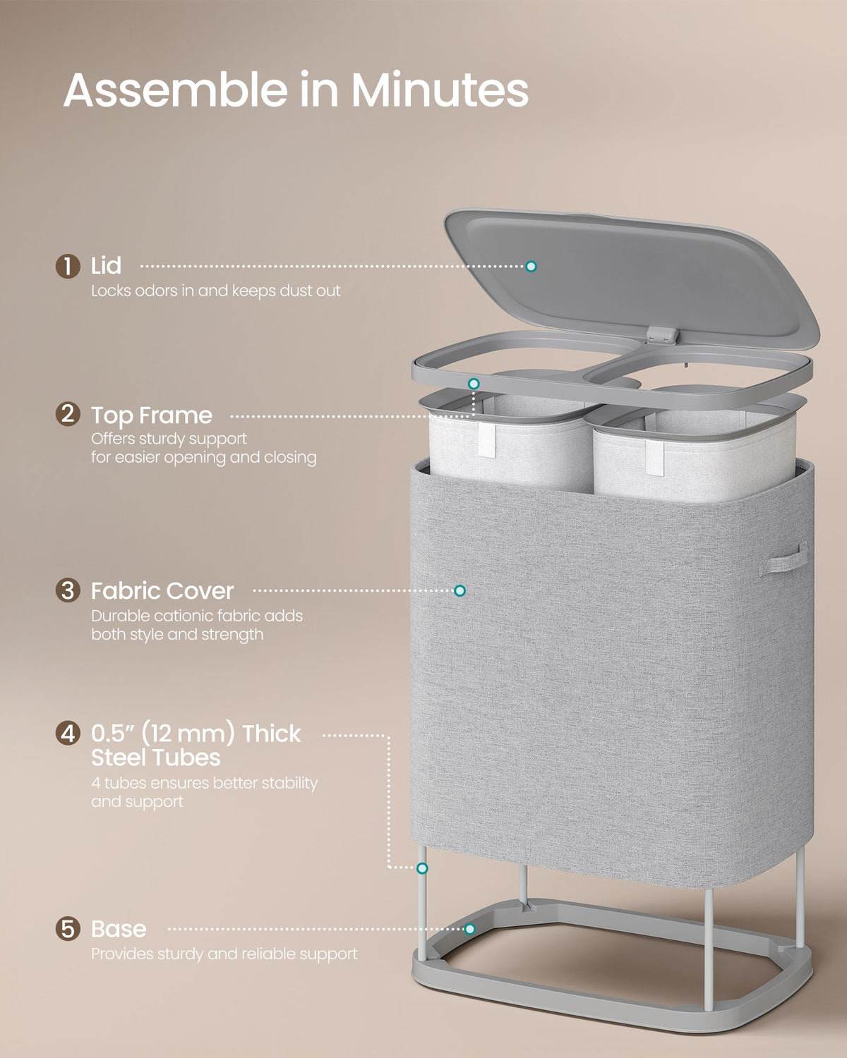Laundry Basket with Lid - 42.2 Gallons - 2-Compartment - Removable Liner