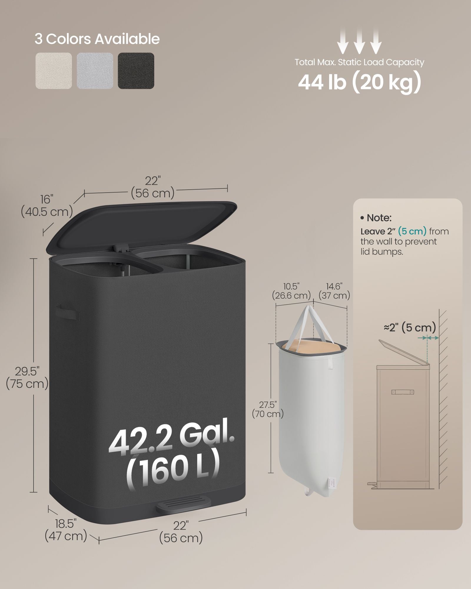 Laundry Basket with Lid - 42.2 Gallons - 2-Compartment Laundry Hamper with Handle and Pedal - Removable Liner - Easy Assembly - 22 x 18.5 x 29.5 Inches - Slate Gray ULCB832B101 - Slate Gray
