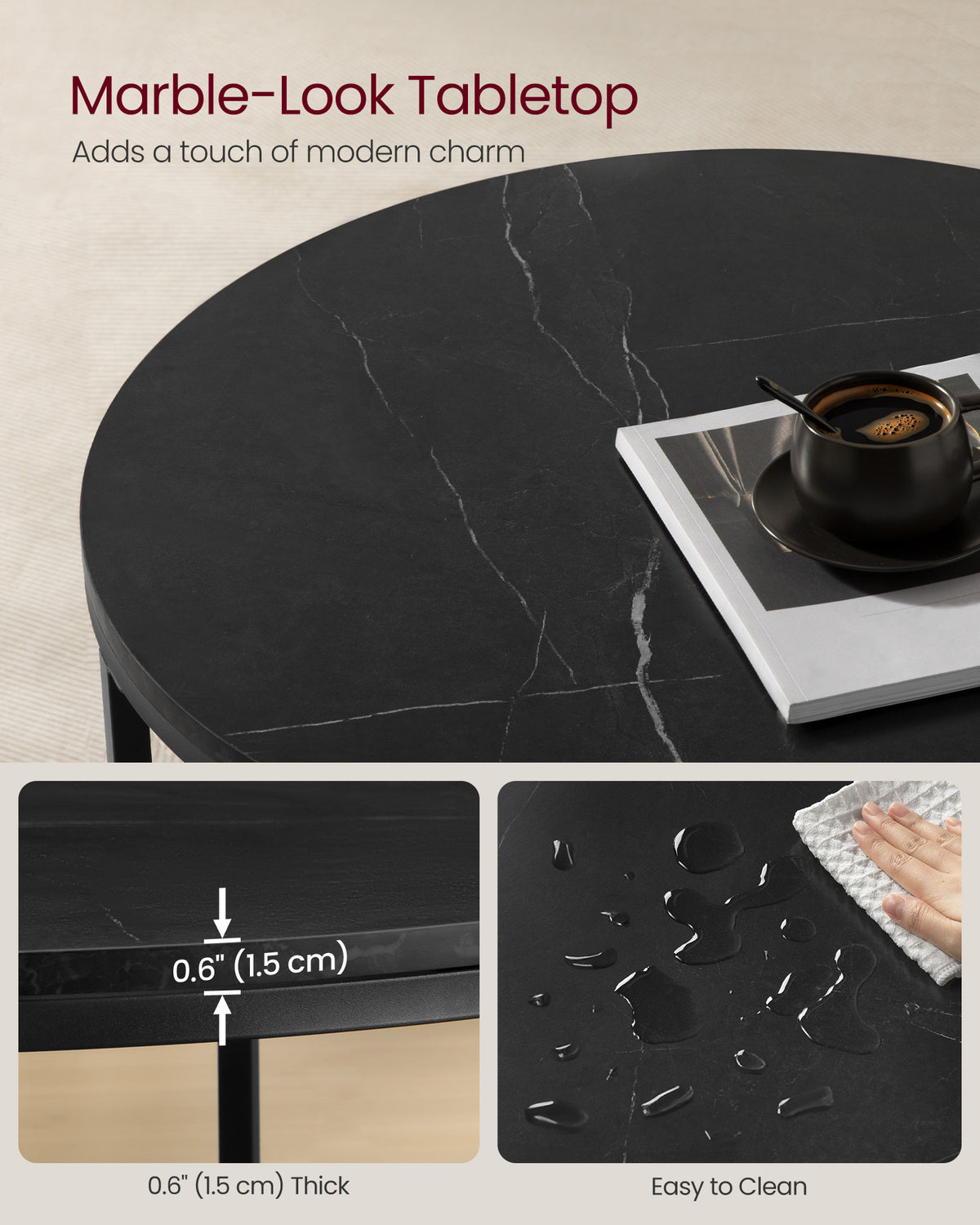 Round Coffee Table - Faux Marble Top - Glass Storage Shelf