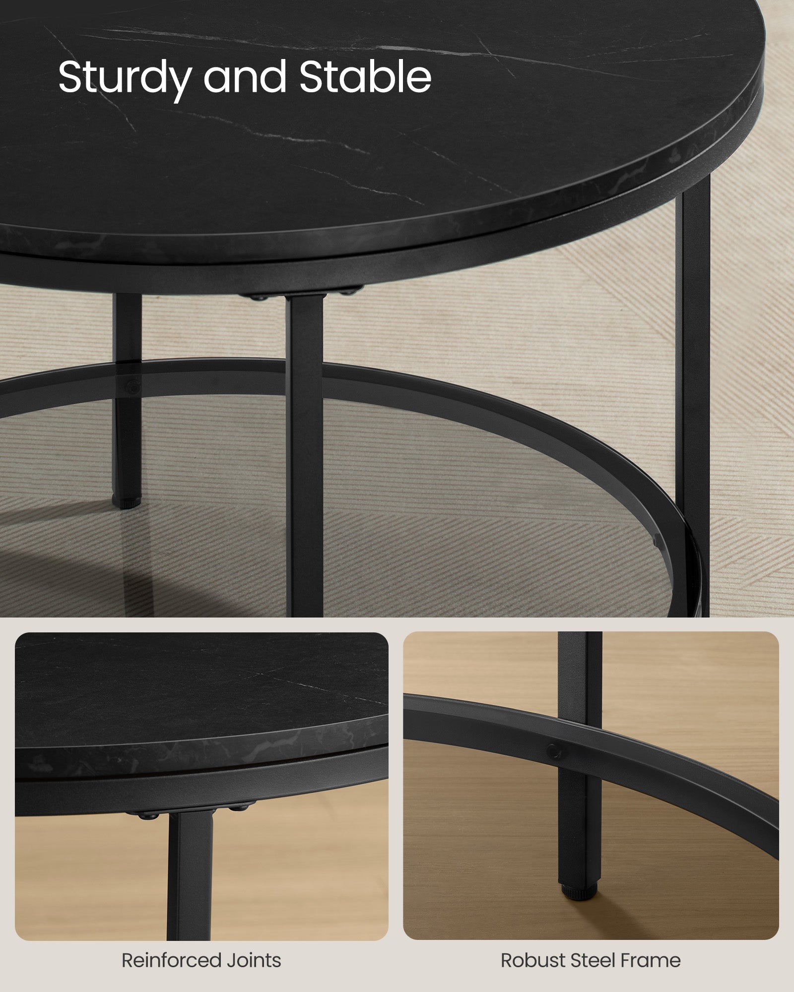 Round Coffee Table - Faux Marble Top - Glass Storage Shelf