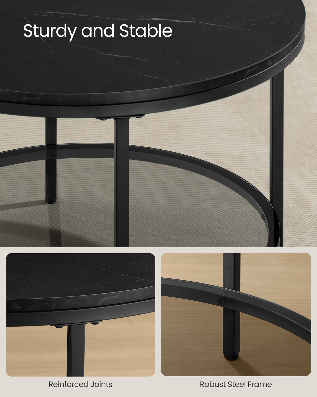 Round Coffee Table - Faux Marble Top - Glass Storage Shelf