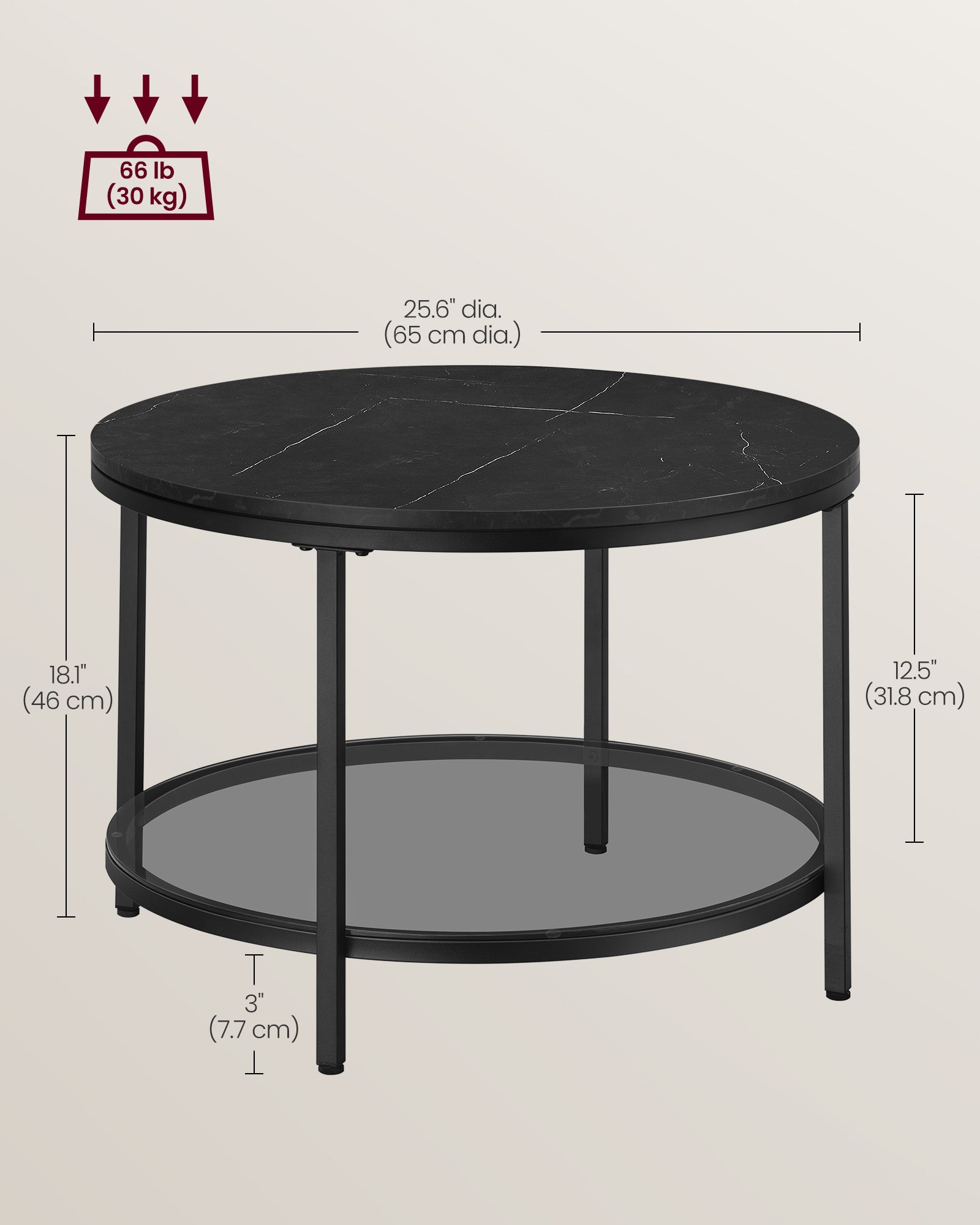 Round Coffee Table - Faux Marble Top - Glass Storage Shelf
