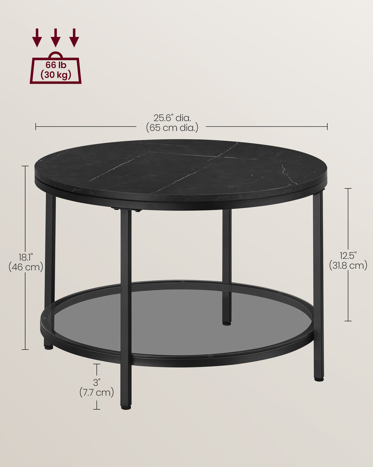 Round Coffee Table - Faux Marble Top - Glass Storage Shelf