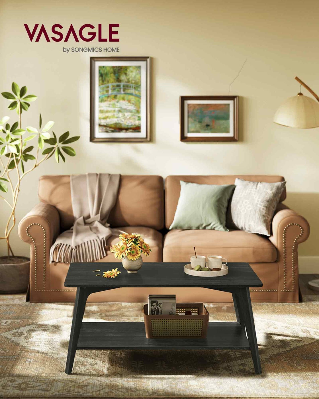 Coffee Table - 2-Tier Living Room Table with Storage - Center Table with Rounded Corners - Charcoal Gray