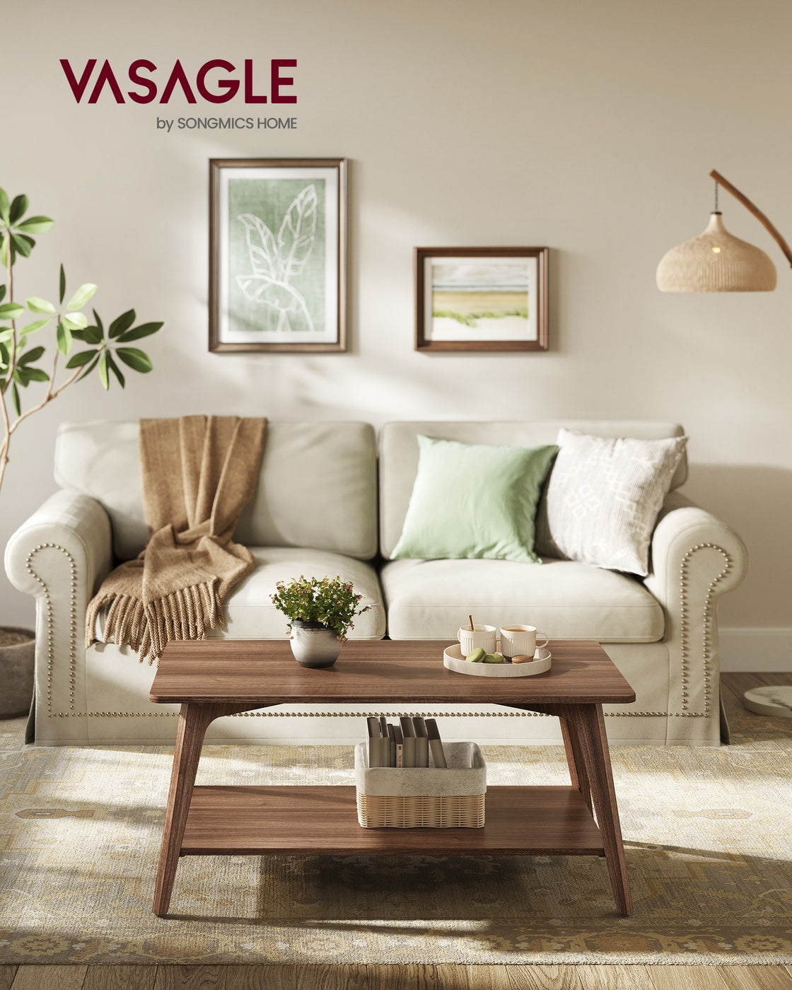 Coffee Table - 2-Tier Living Room Table with Storage - Center Table with Rounded Corners