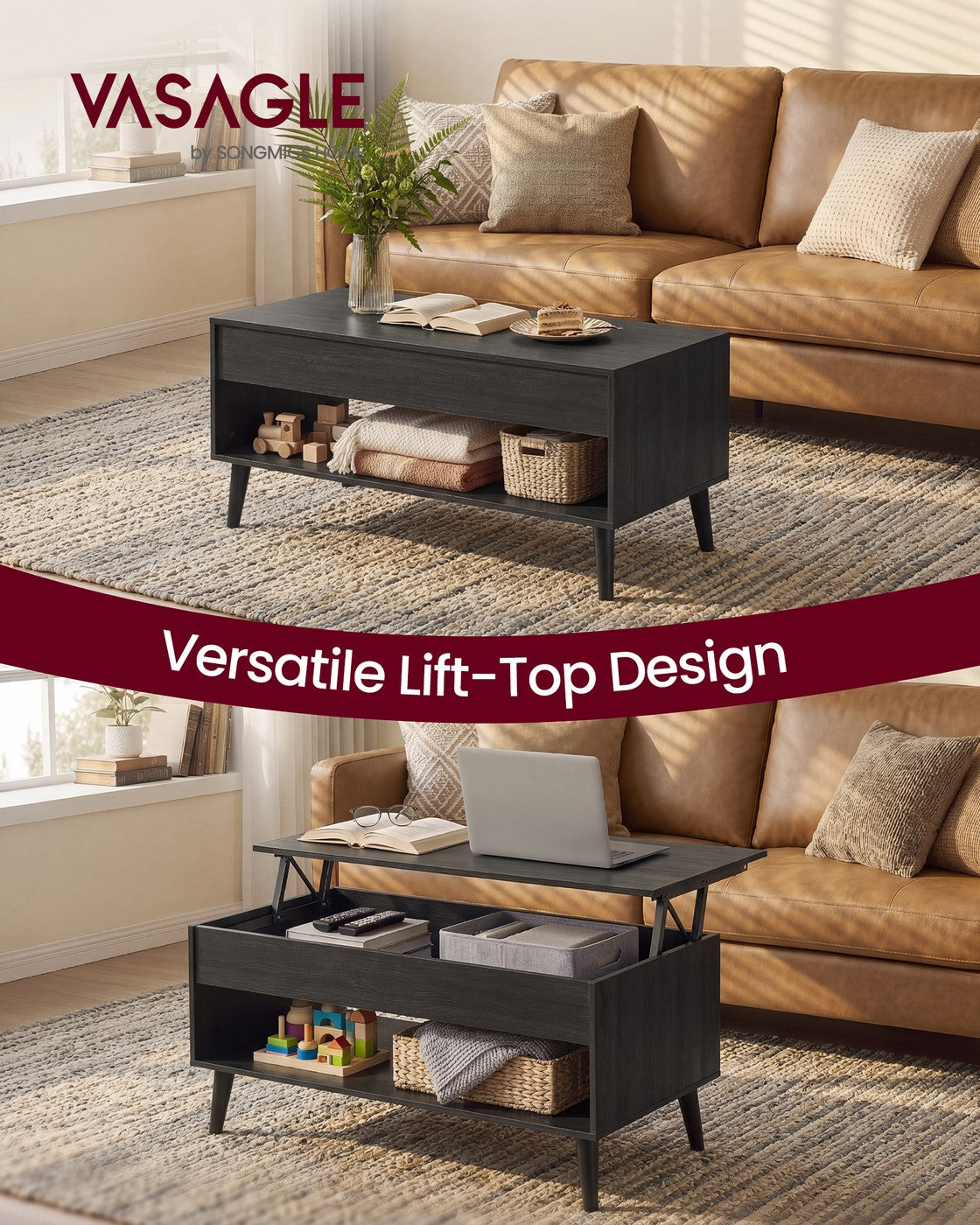 Lift Top Coffee Table with Hidden Storage for Living Room - Charcoal Gray