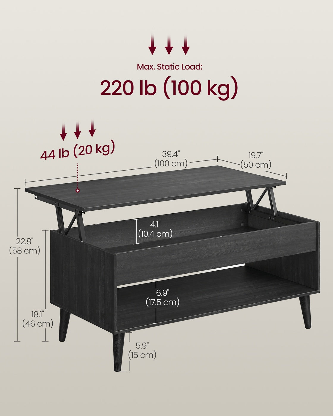 Lift Top Coffee Table with Hidden Storage for Living Room - Charcoal Gray