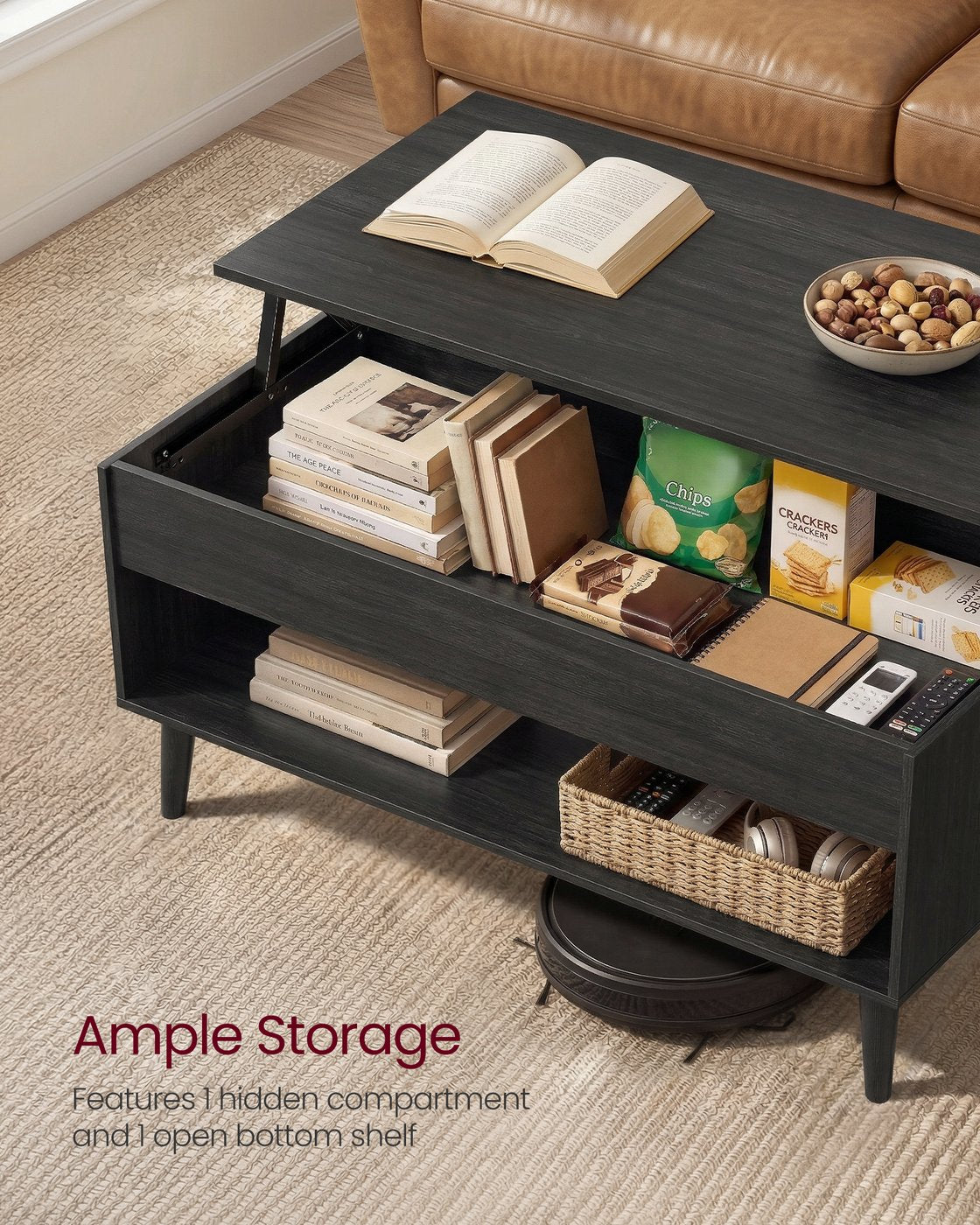 Lift Top Coffee Table with Hidden Storage for Living Room - Charcoal Gray