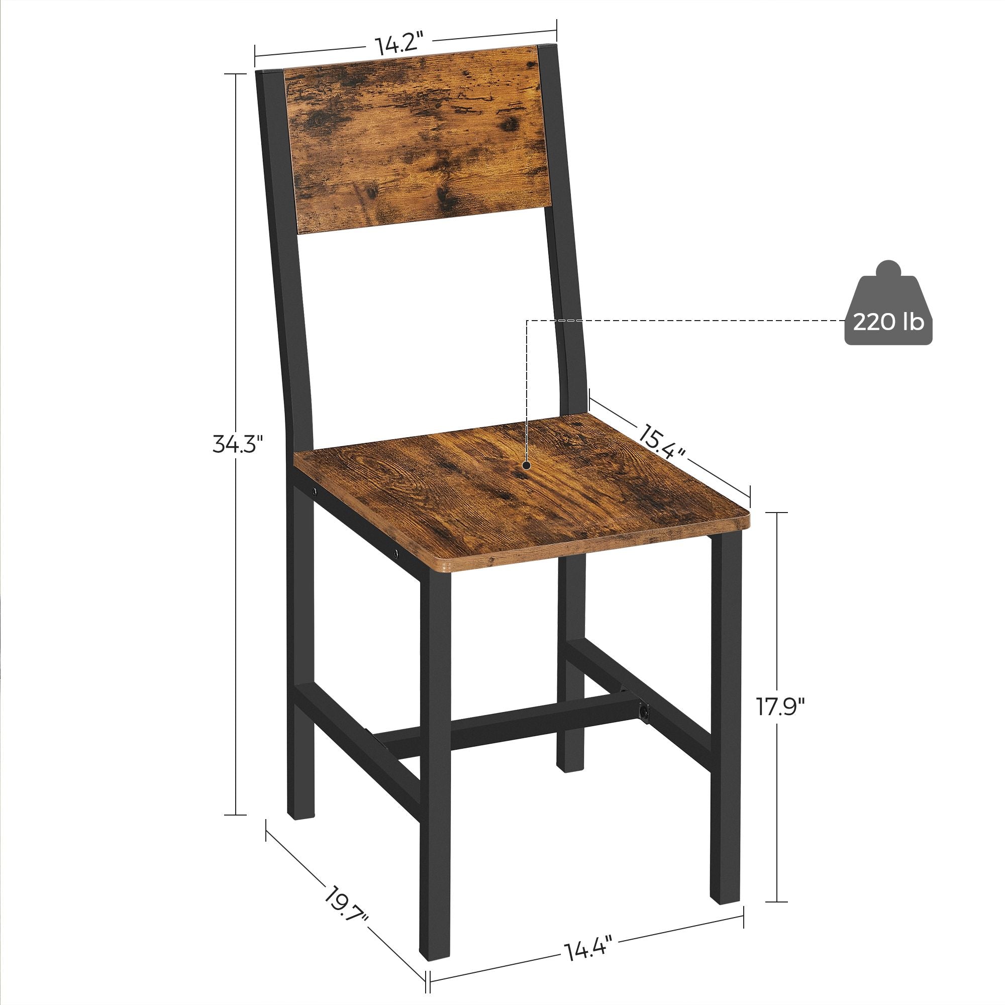 Dining Chair Set of 2 - Rustic Wood Chairs with Metal Steel Frame - Black