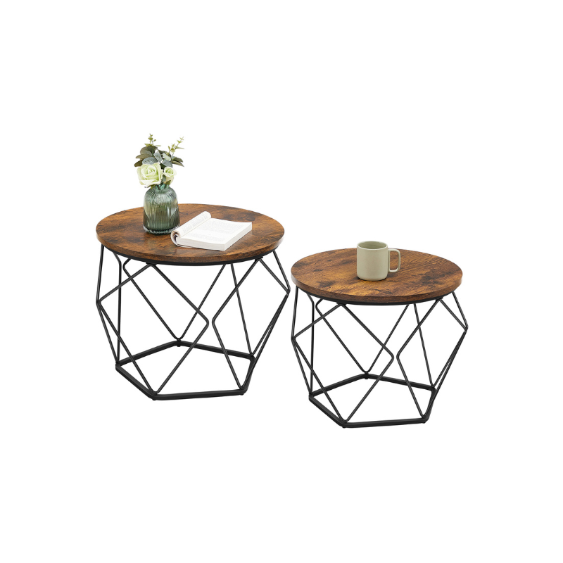 Round Coffee Table with Steel Frame Set of 2 - Rustic Brown
