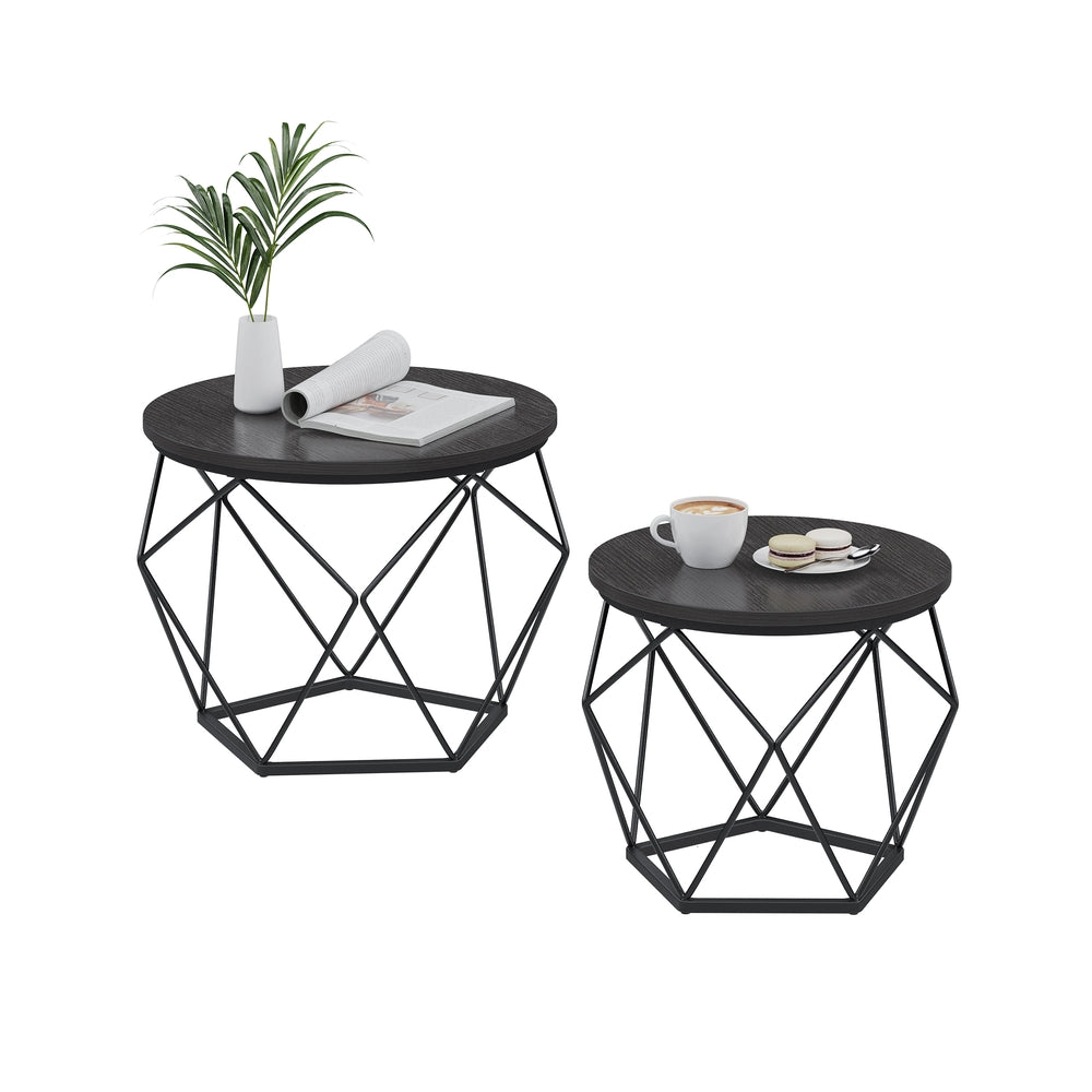 Round Coffee Table with Steel Frame Set of 2 - Charcoal Gray