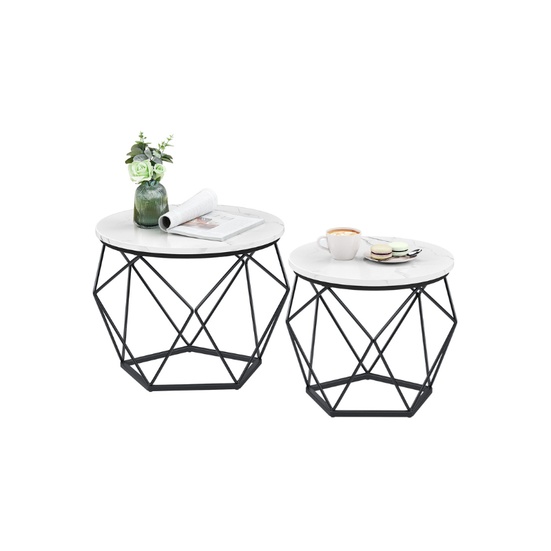 Round Coffee Table with Steel Frame Set of 2 - Marble White, Ink Black