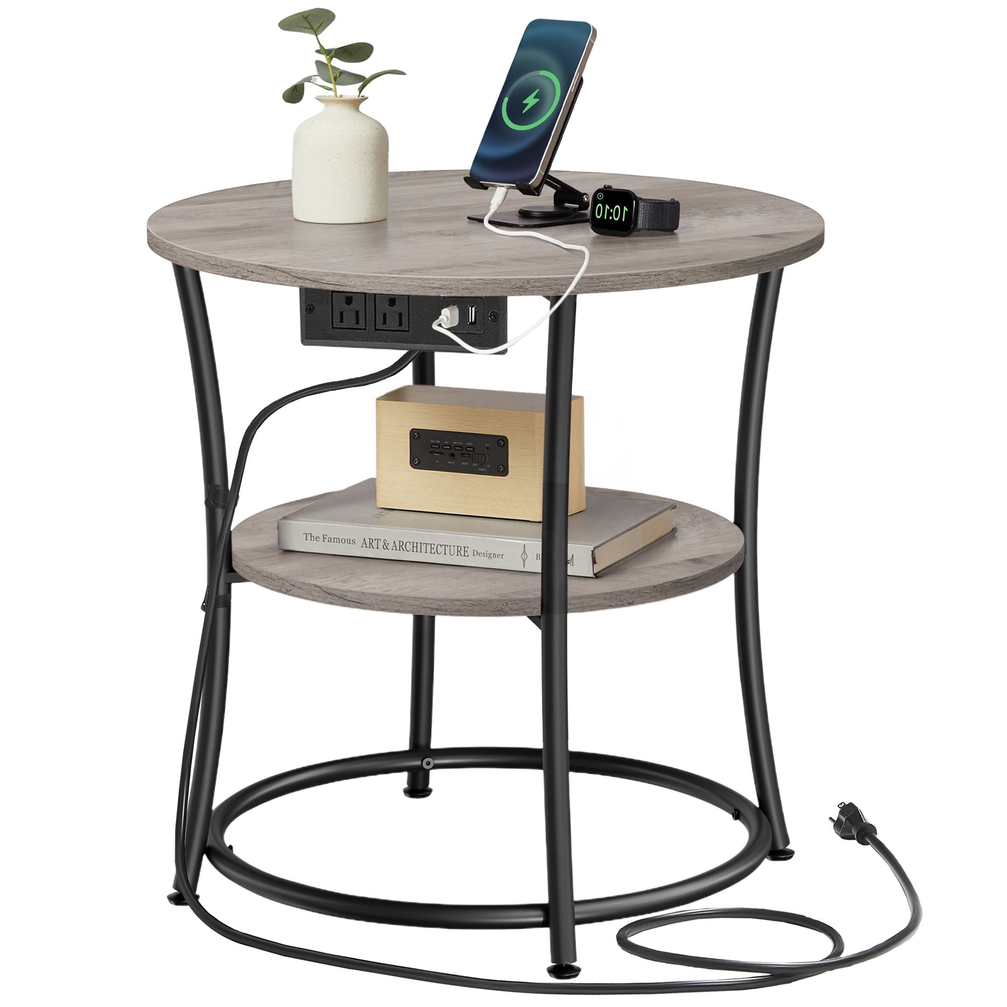 Side Table - 2-Tier Round End Table with Power Outlets - Greige