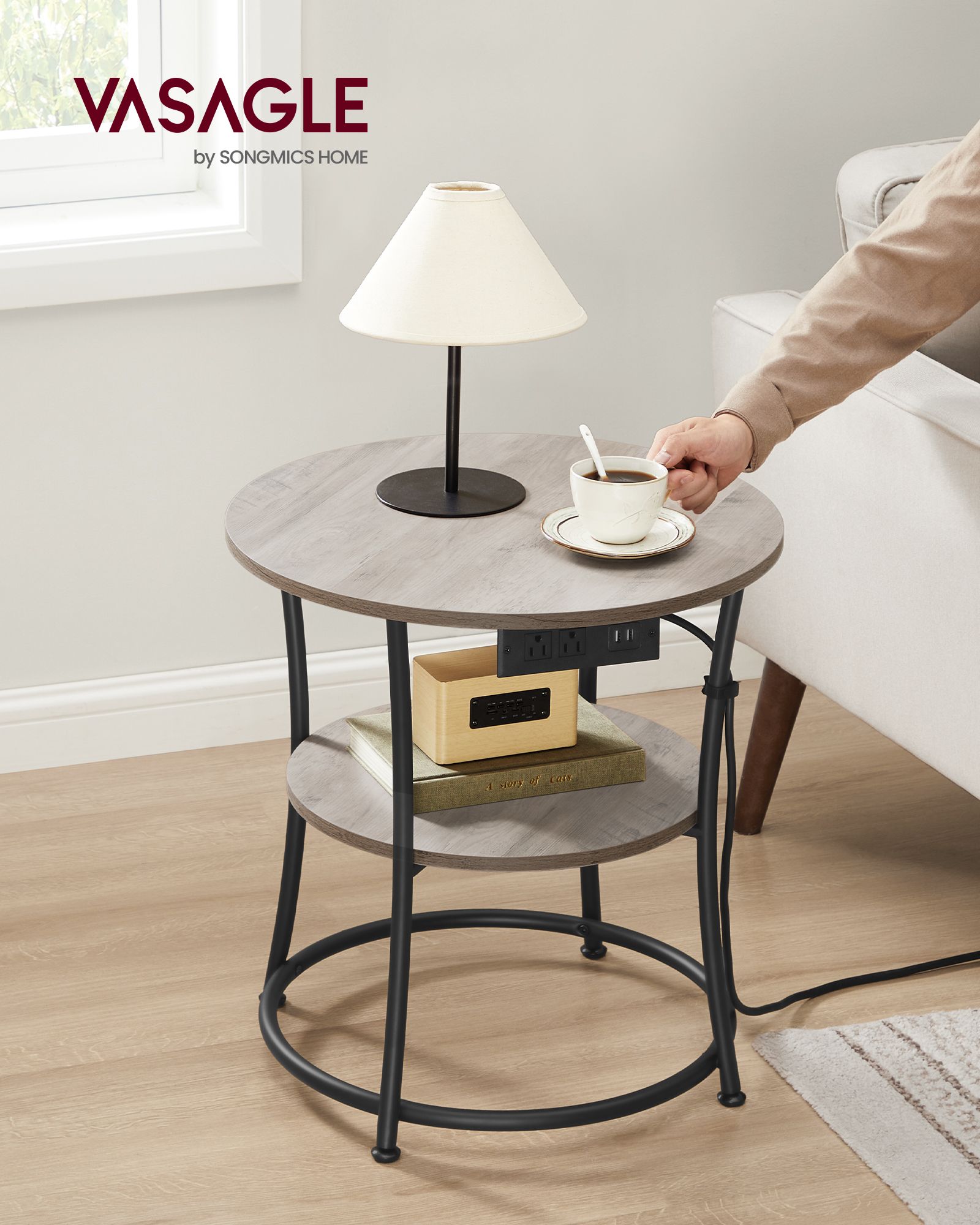 Side Table - 2-Tier Round End Table with Power Outlets