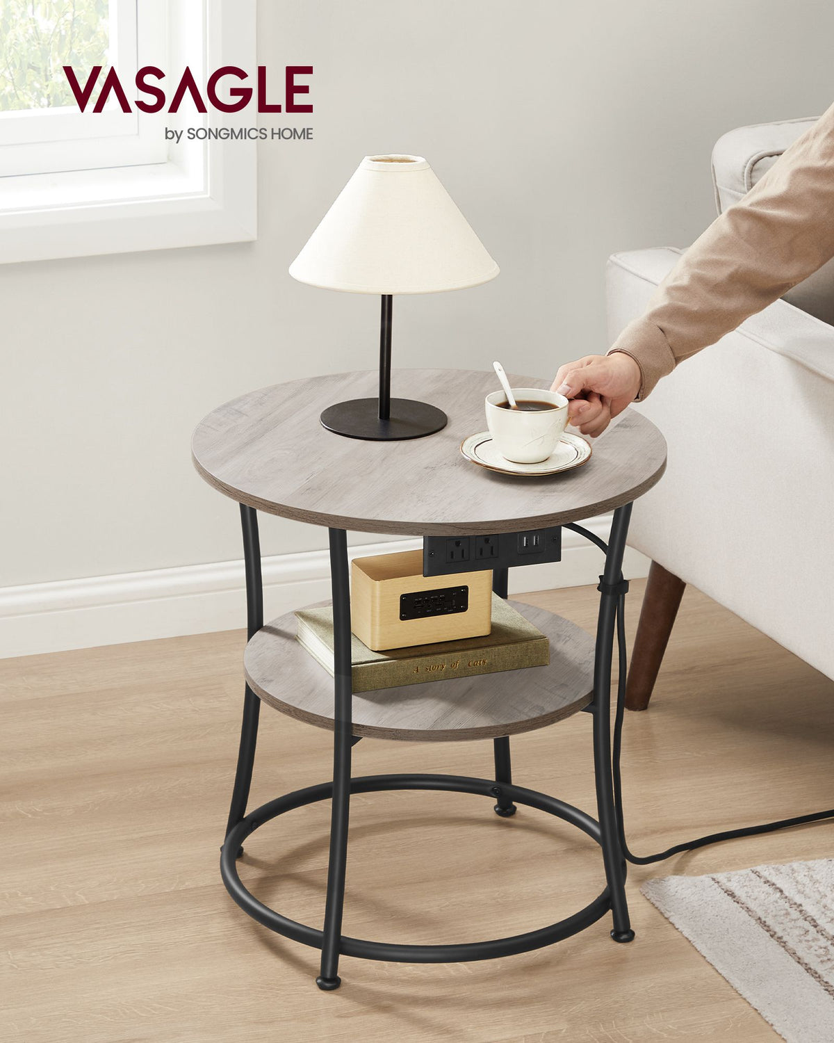 Side Table - 2-Tier Round End Table with Power Outlets