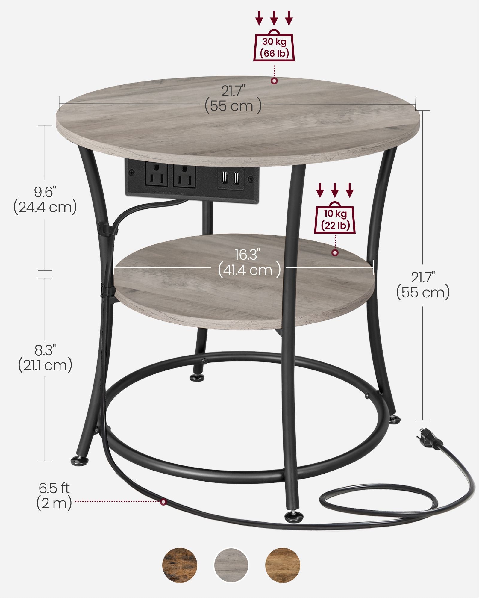 Side Table - 2-Tier Round End Table with Power Outlets
