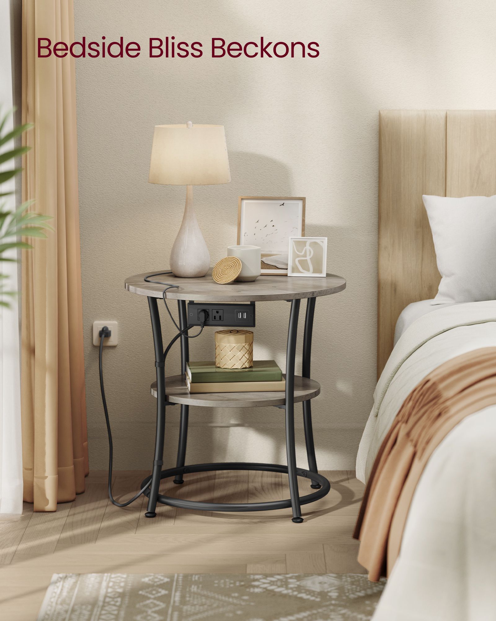 Side Table - 2-Tier Round End Table with Power Outlets