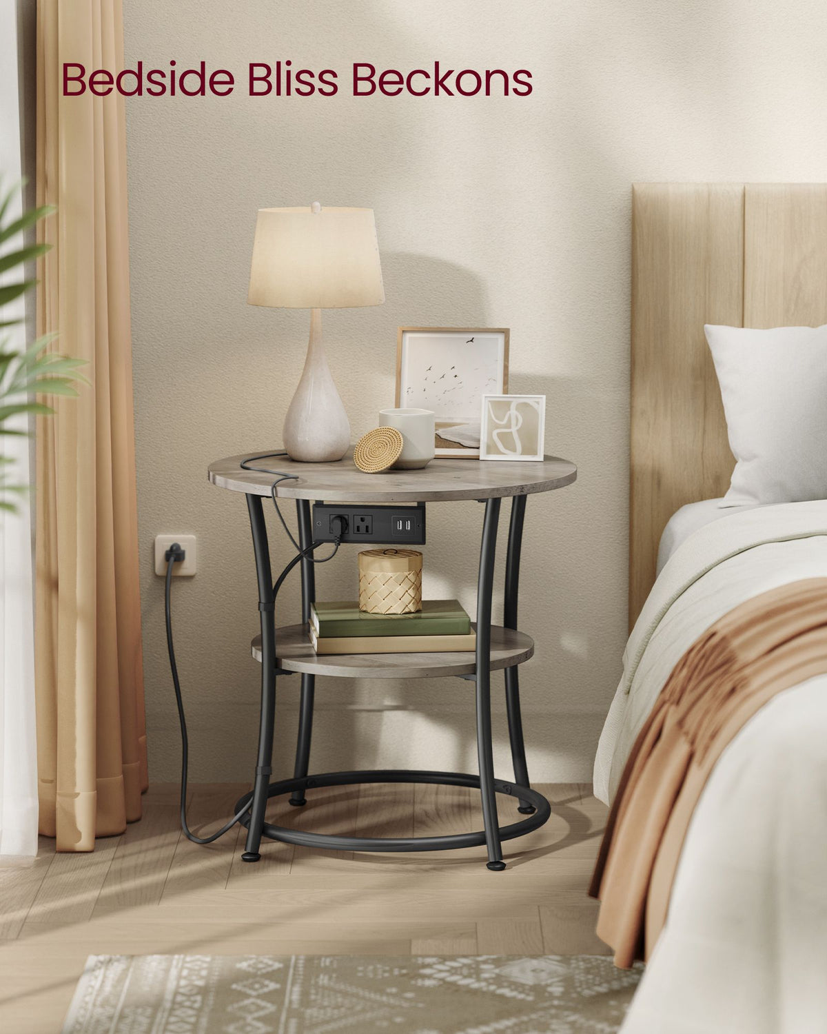 Side Table - 2-Tier Round End Table with Power Outlets