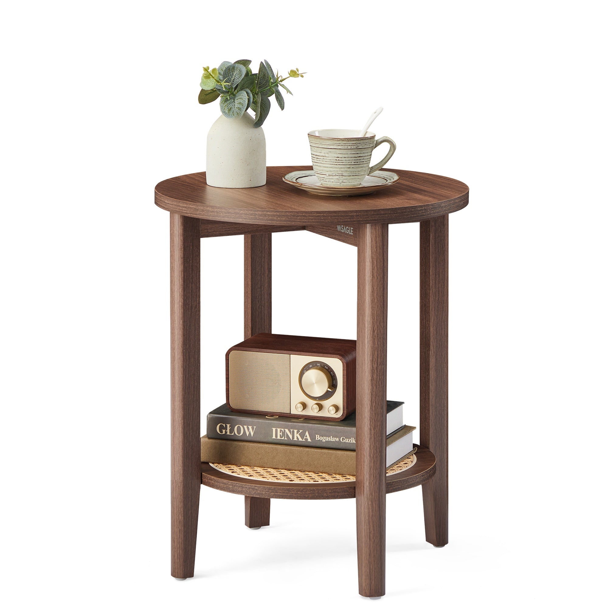 Round Side End Table - 2-Tier Boho Bedside Table with Rattan-Look Storage Shelf