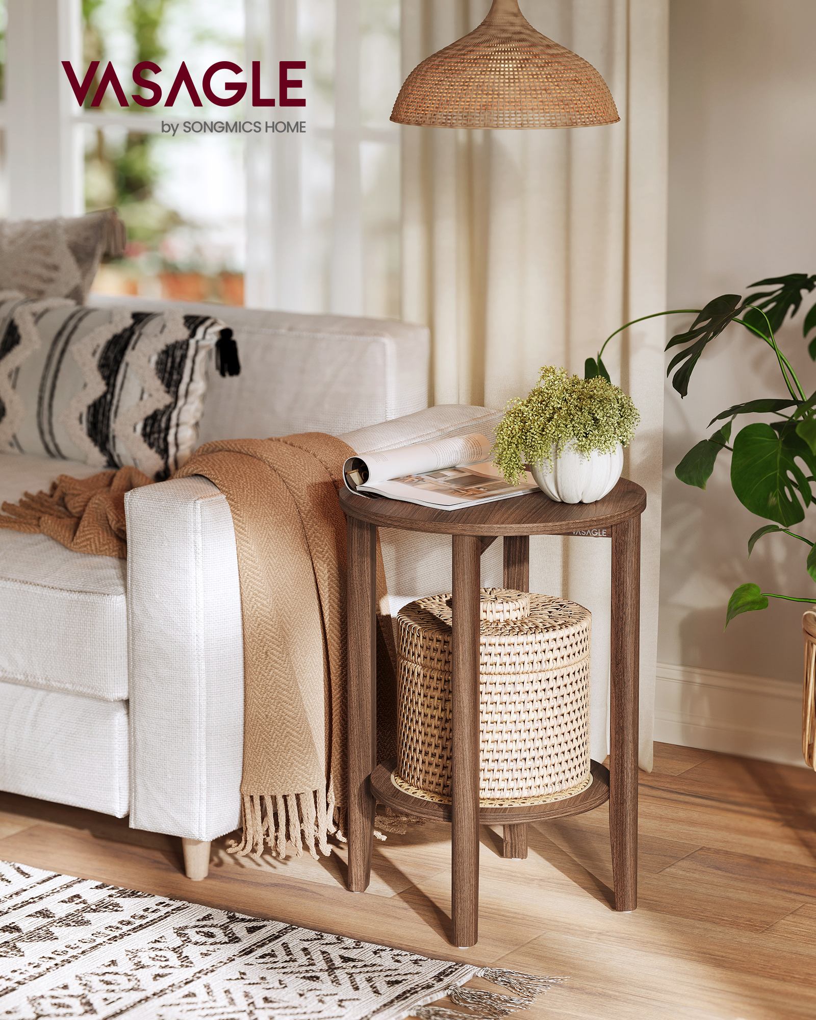 Round Side End Table - 2-Tier Boho Bedside Table with Rattan-Look Storage Shelf