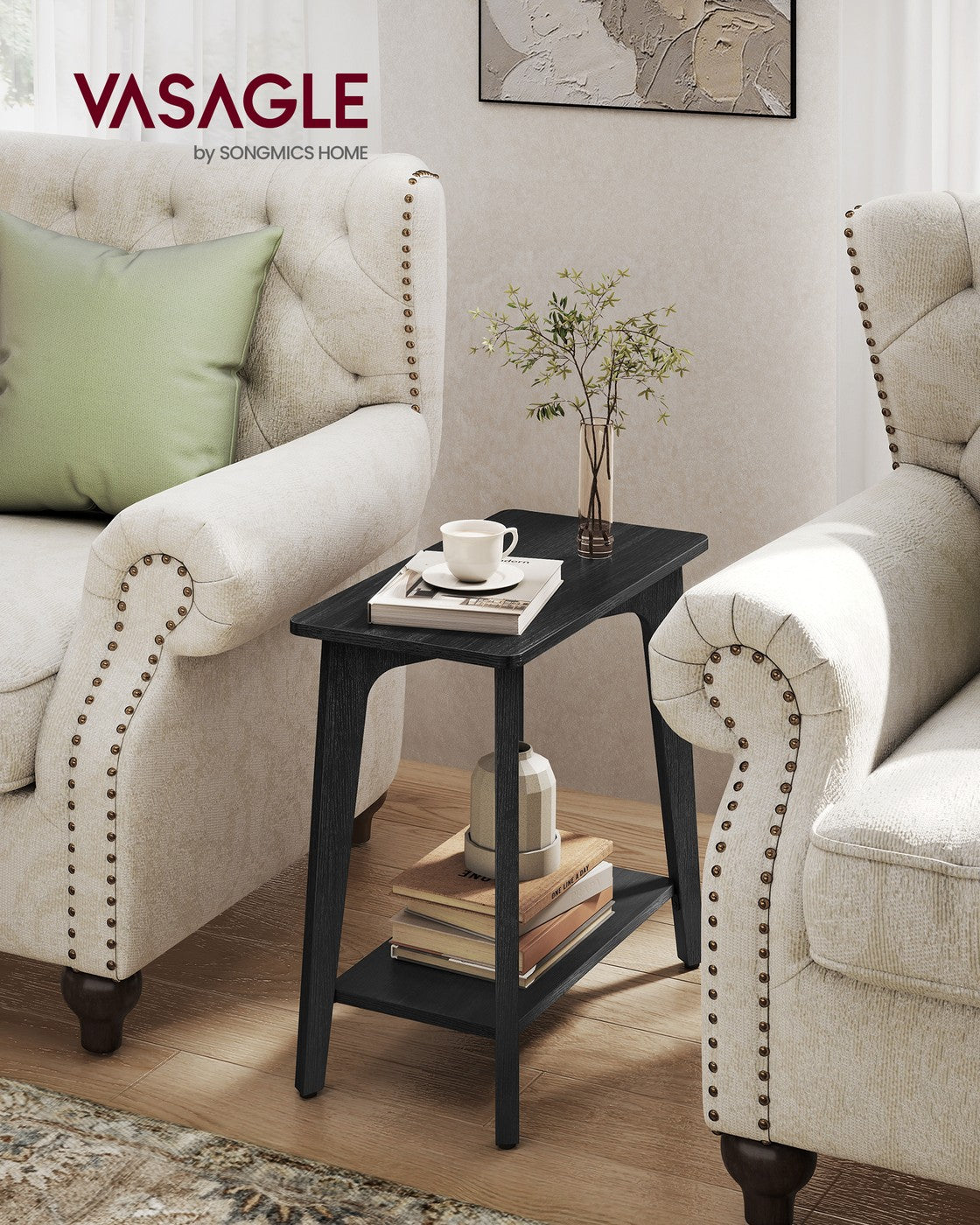MAEZO Collection - Side Table - 2-Tier Small Rectangular End Table - Charcoal Gray