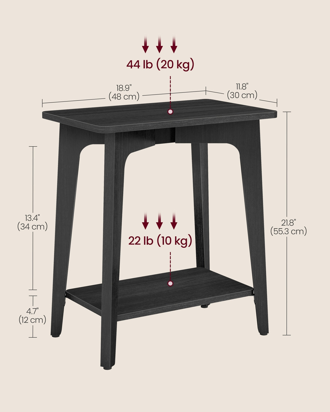 MAEZO Collection - Side Table - 2-Tier Small Rectangular End Table - Charcoal Gray