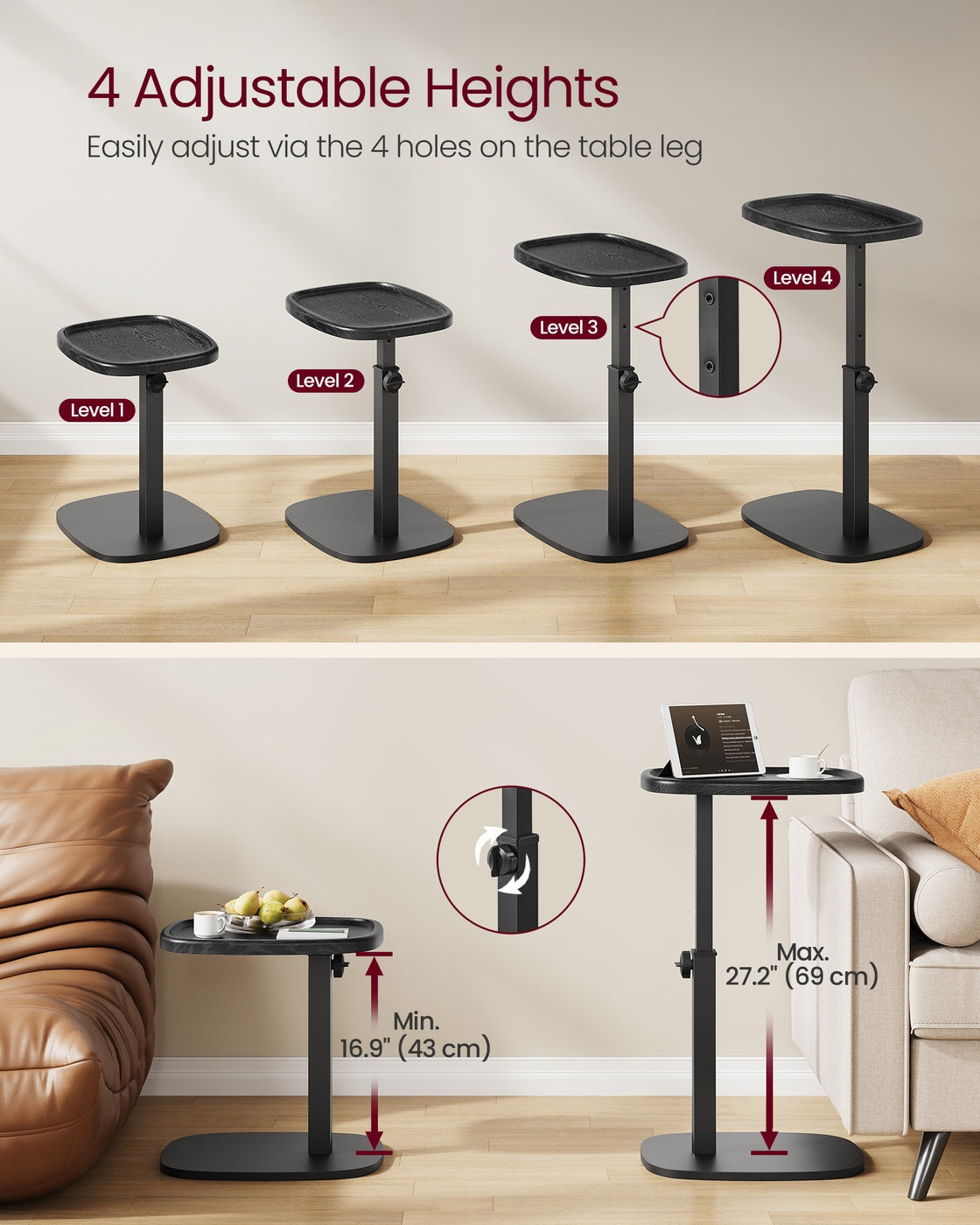 C-Shaped Sofa Side Table - Slides Under Couch - Laptop and Snack Tray