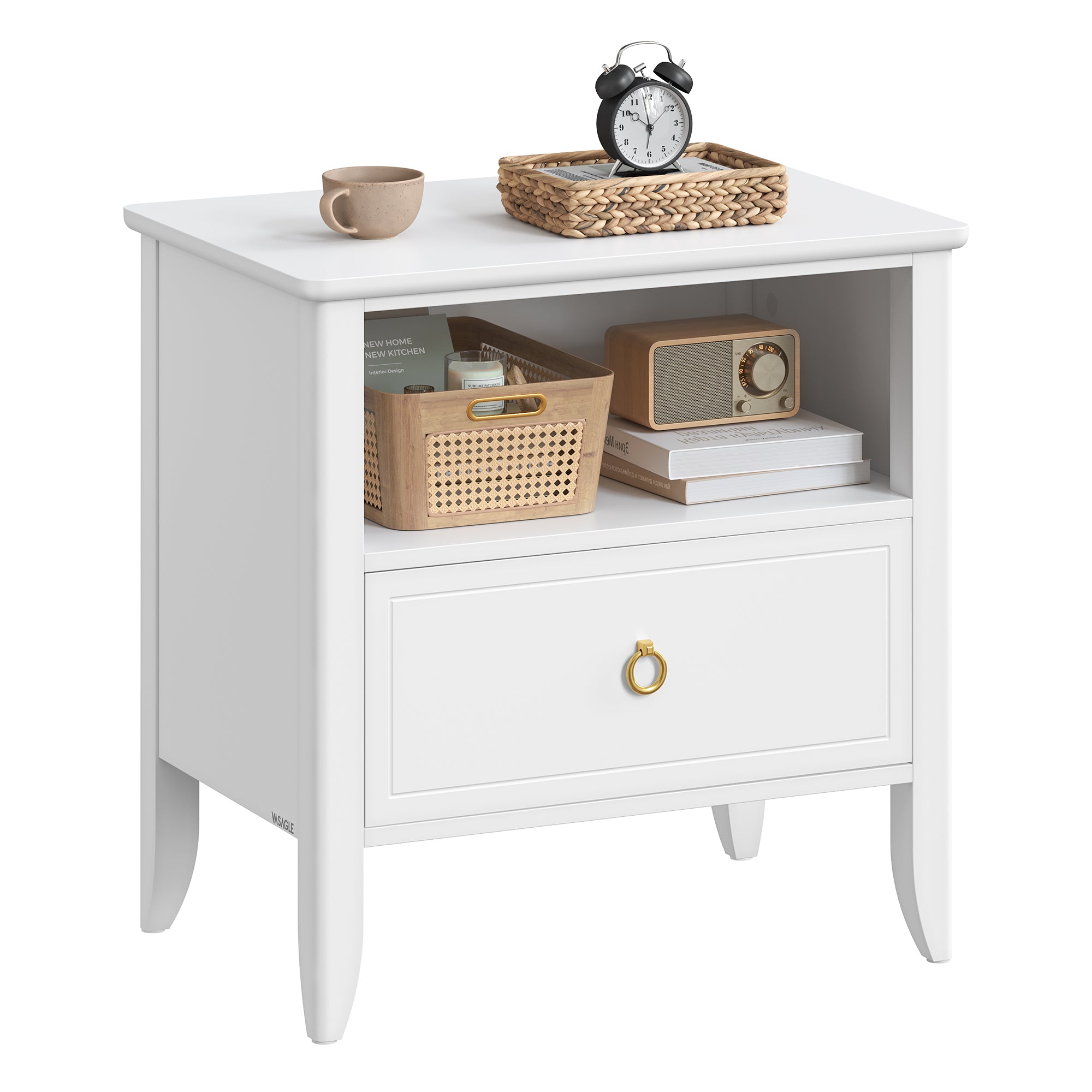 Nightstand - Bedside Table - Side End Table with Drawer and Open Shelf