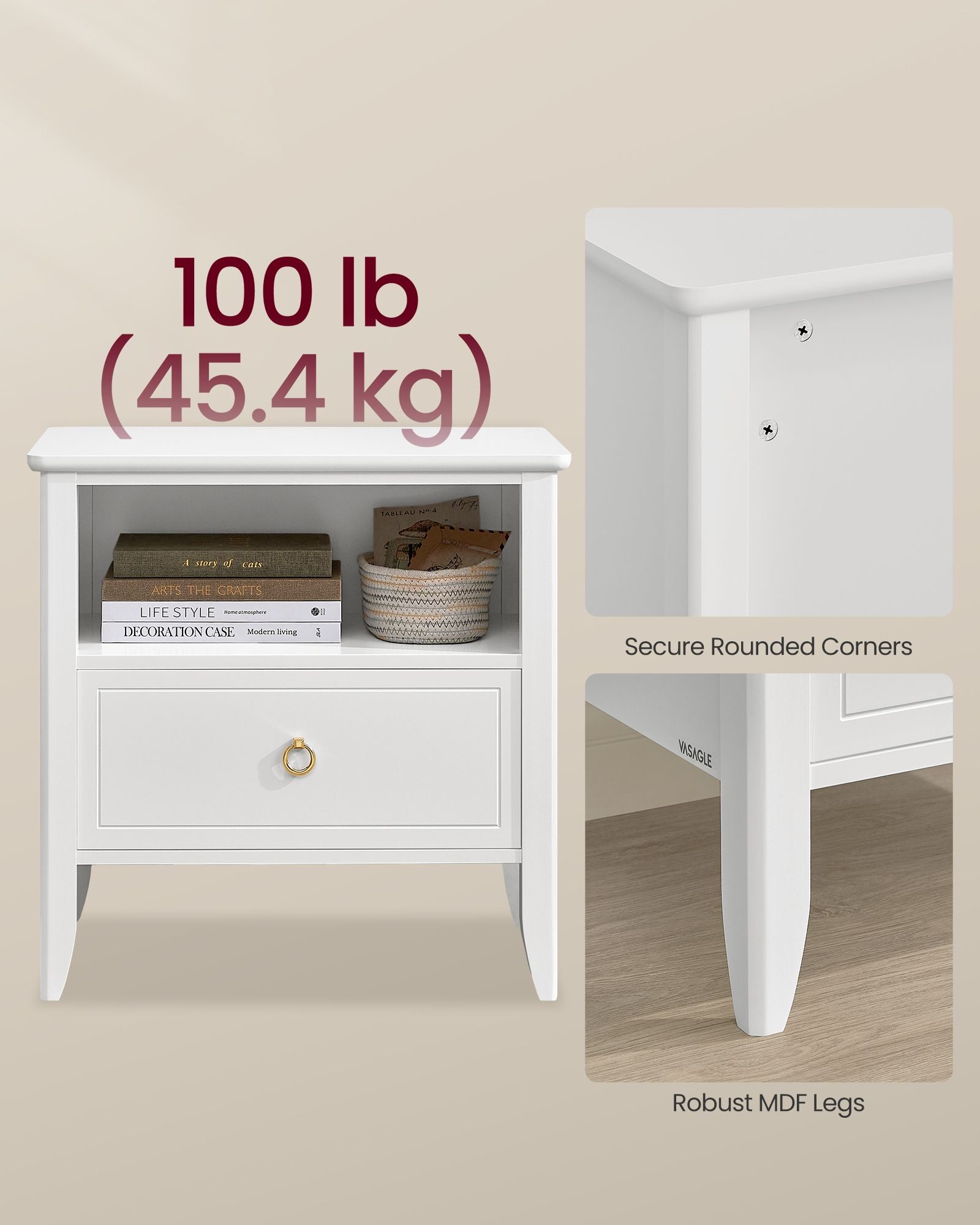 Nightstand - Bedside Table - Side End Table with Drawer and Open Shelf