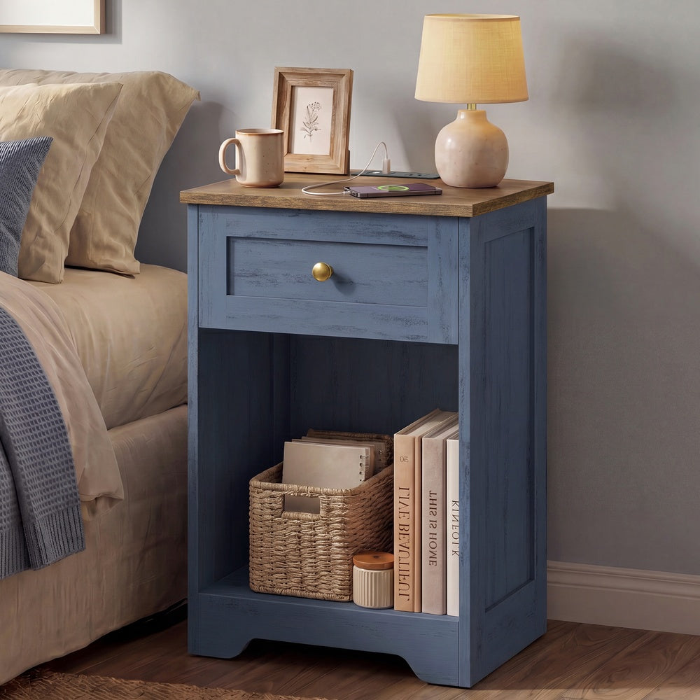Farmhouse Nightstand with Charging Station and Drawer - Navy Blue