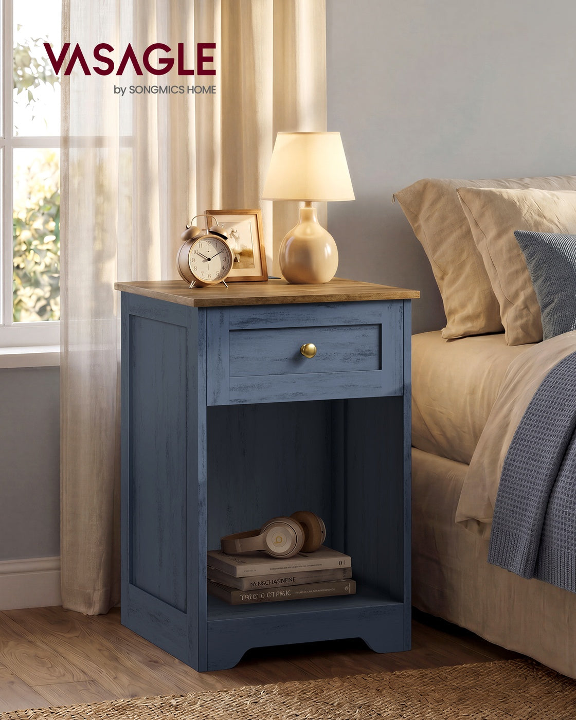 Farmhouse Nightstand with Charging Station and Drawer - Navy Blue