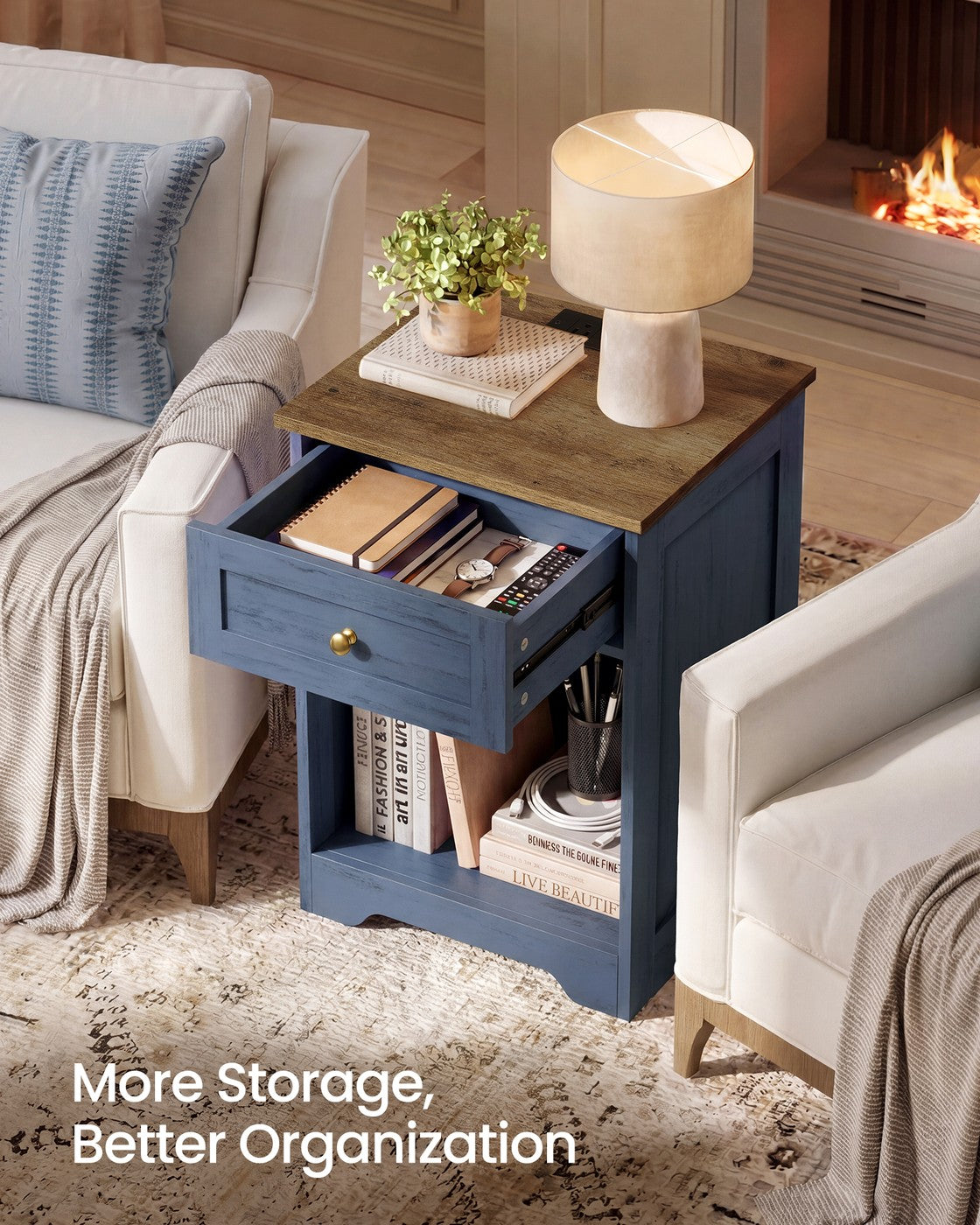Farmhouse Nightstand with Charging Station and Drawer - Navy Blue