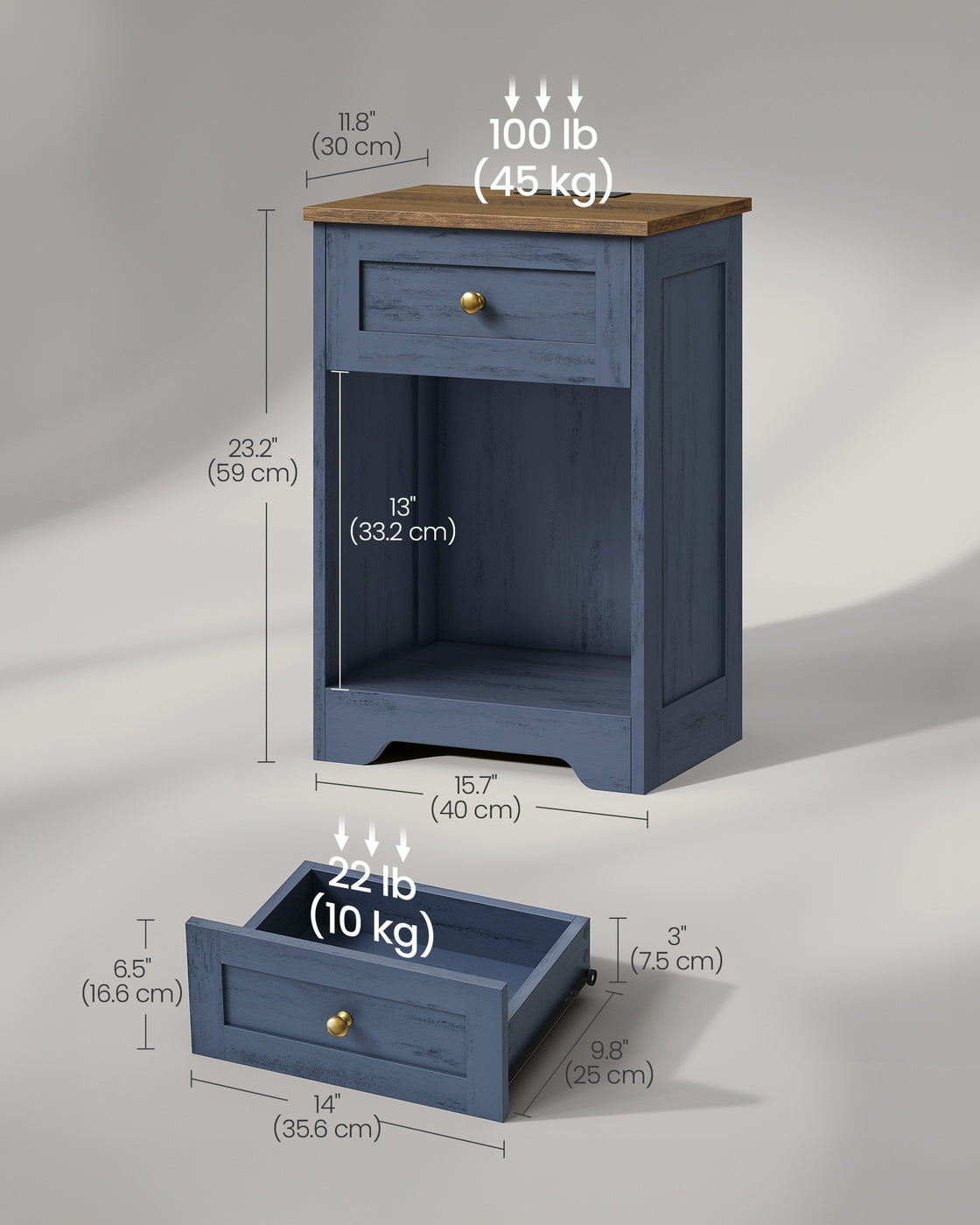 Farmhouse Nightstand with Charging Station and Drawer - Navy Blue