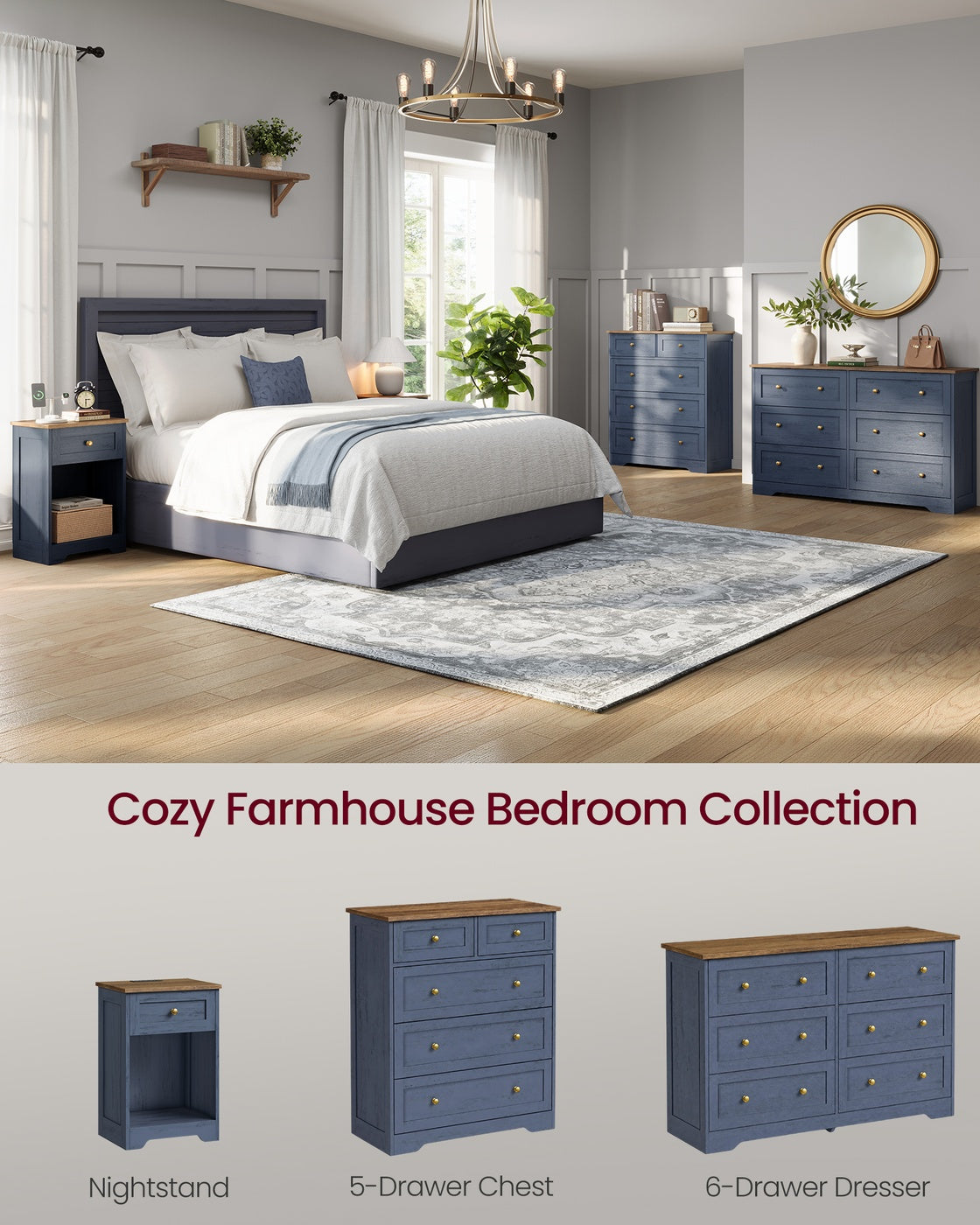 Farmhouse Nightstand with Charging Station and Drawer - Navy Blue