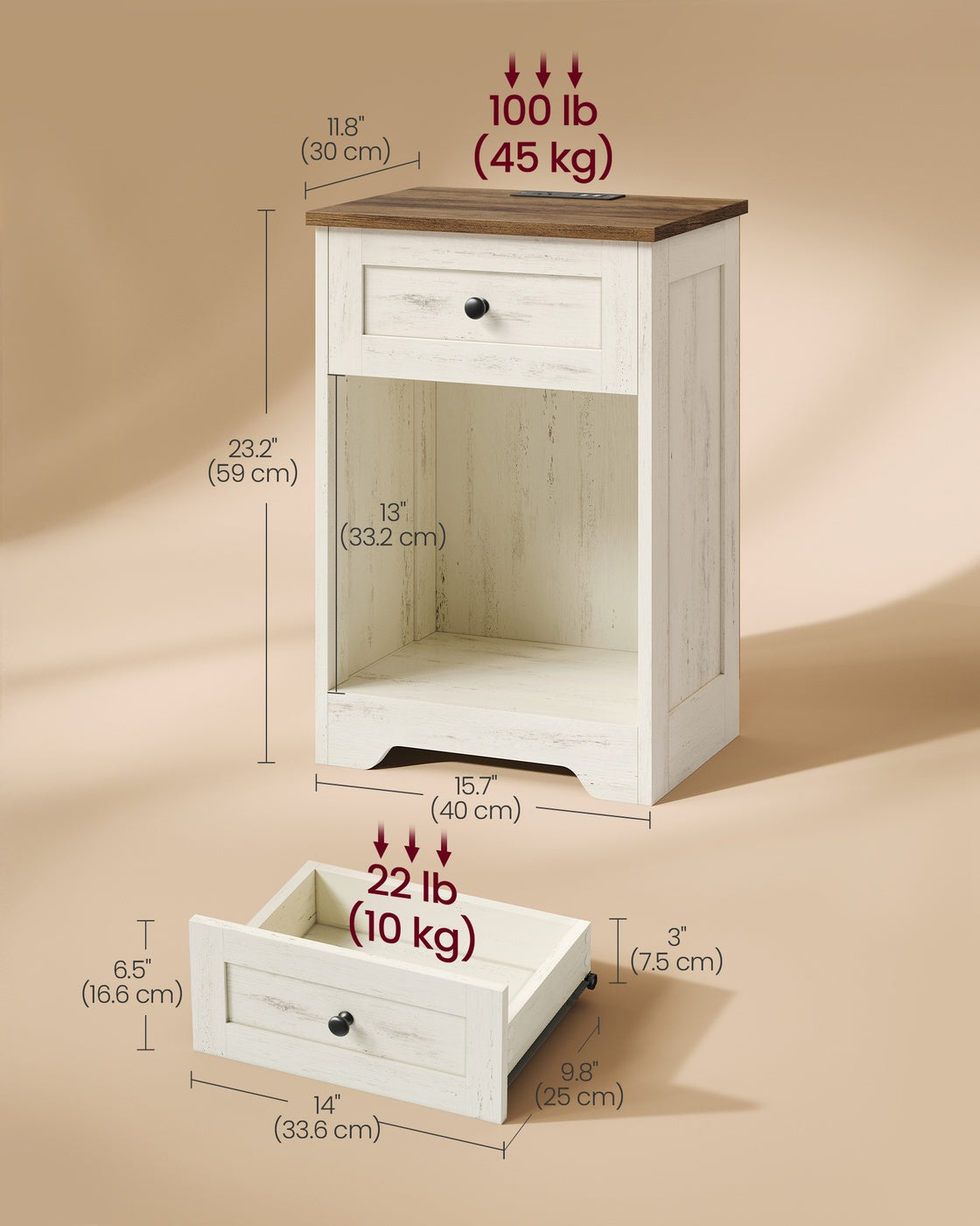 Farmhouse Nightstand - Charging Station - Drawer and Open Shelf