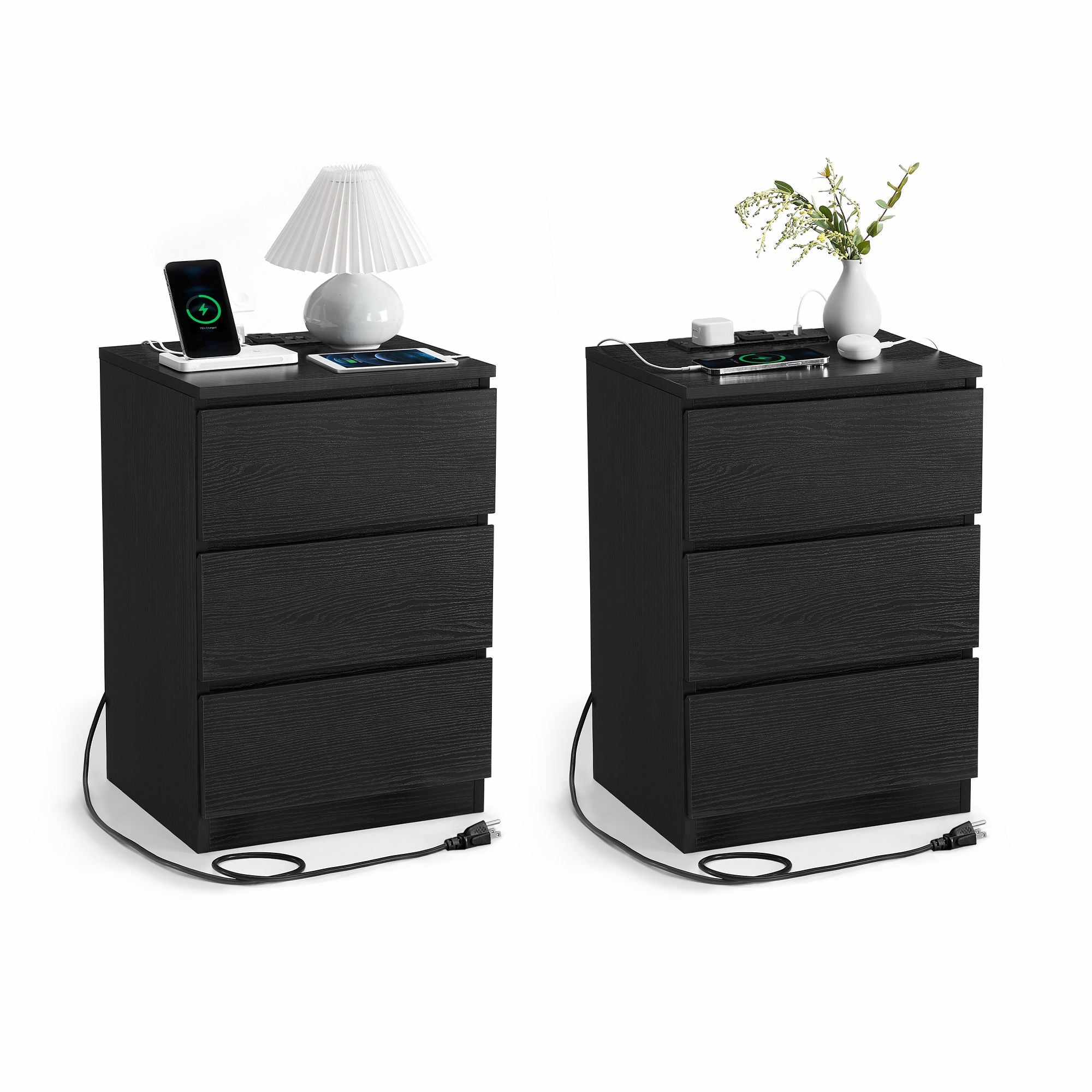 Nightstands with Charging Station - Set of 2 - Ebony Black - Black
