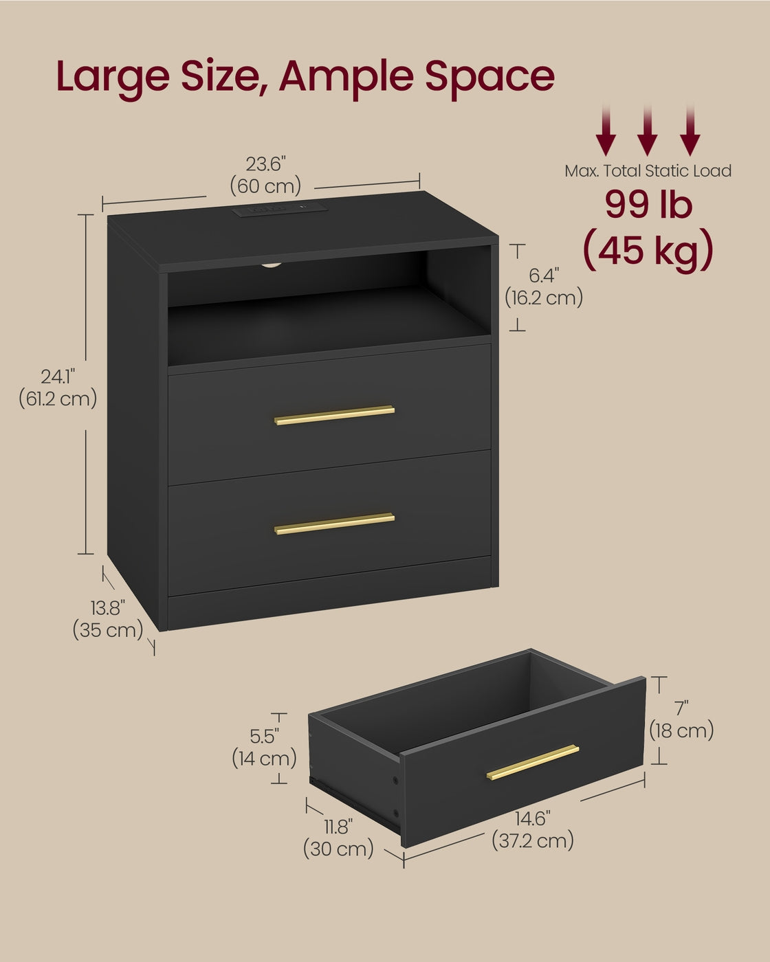 Smart Nightstand - Charging Station - LED Lights - With Drawers