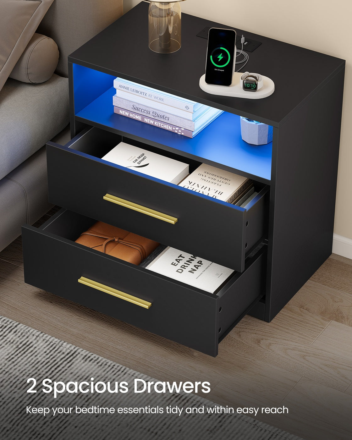 Smart Nightstand - Charging Station - LED Lights - With Drawers