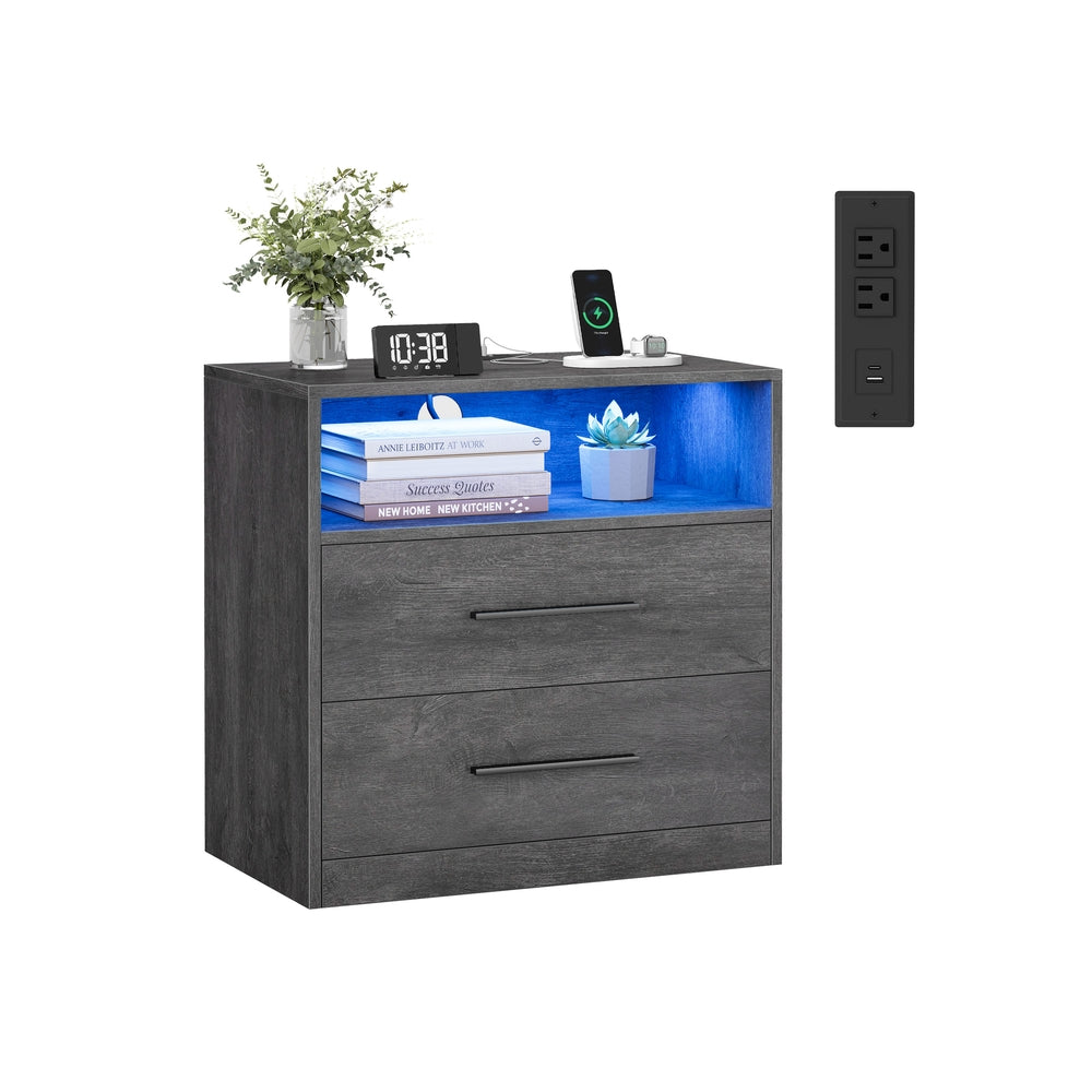 Smart Nightstand - Charging Station - LED Lights - With Drawers - Gray