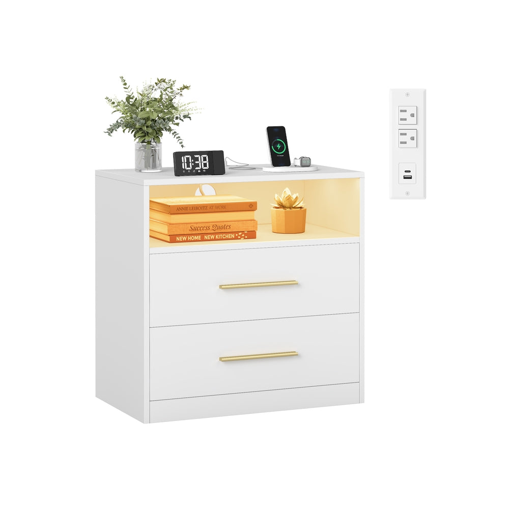Smart Nightstand - Charging Station - LED Lights - With Drawers - White