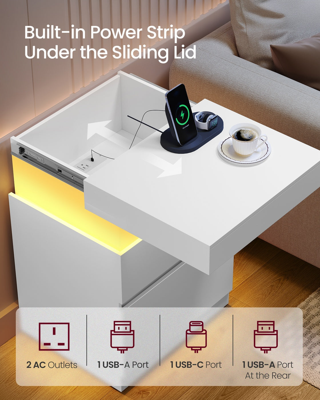 KAILYN Collection - Nightstand with Power Outlets - Sliding Lid - Set of 2